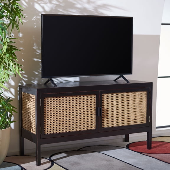 SAFAVIEH Karel 2 Door Media Stand, Black/Light Natural (45.3 in. W x 15 in. D x 24.8 in. H)