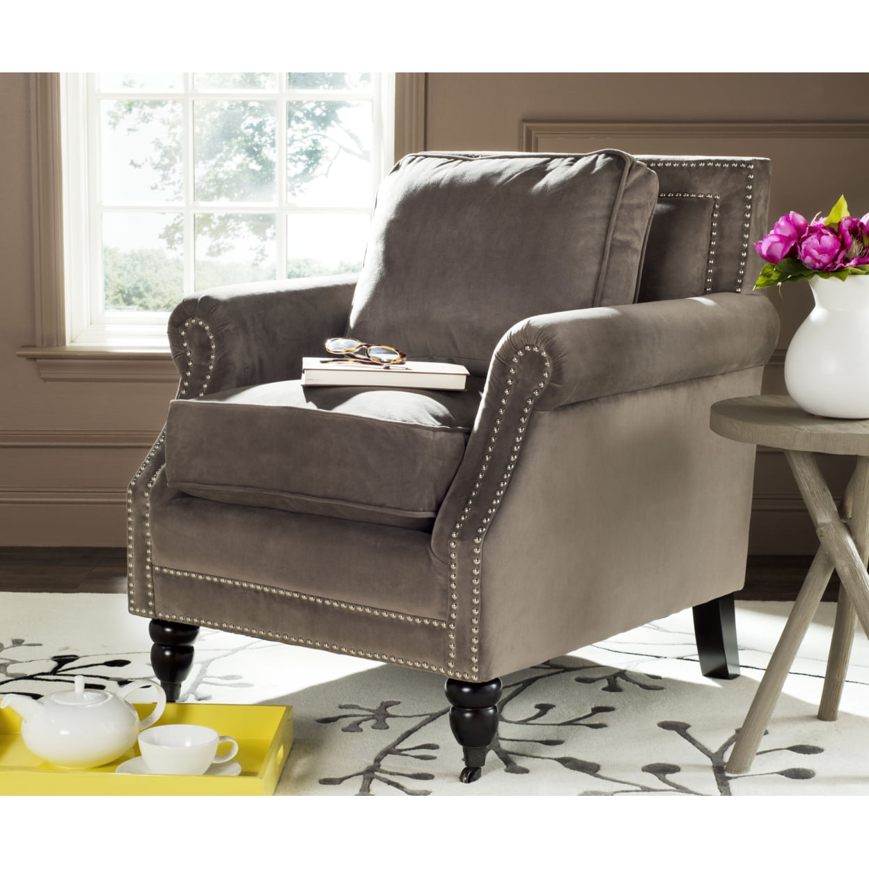 Modern Mushroom Taupe Wood Arm Chair with Silver Nail Head Detailing