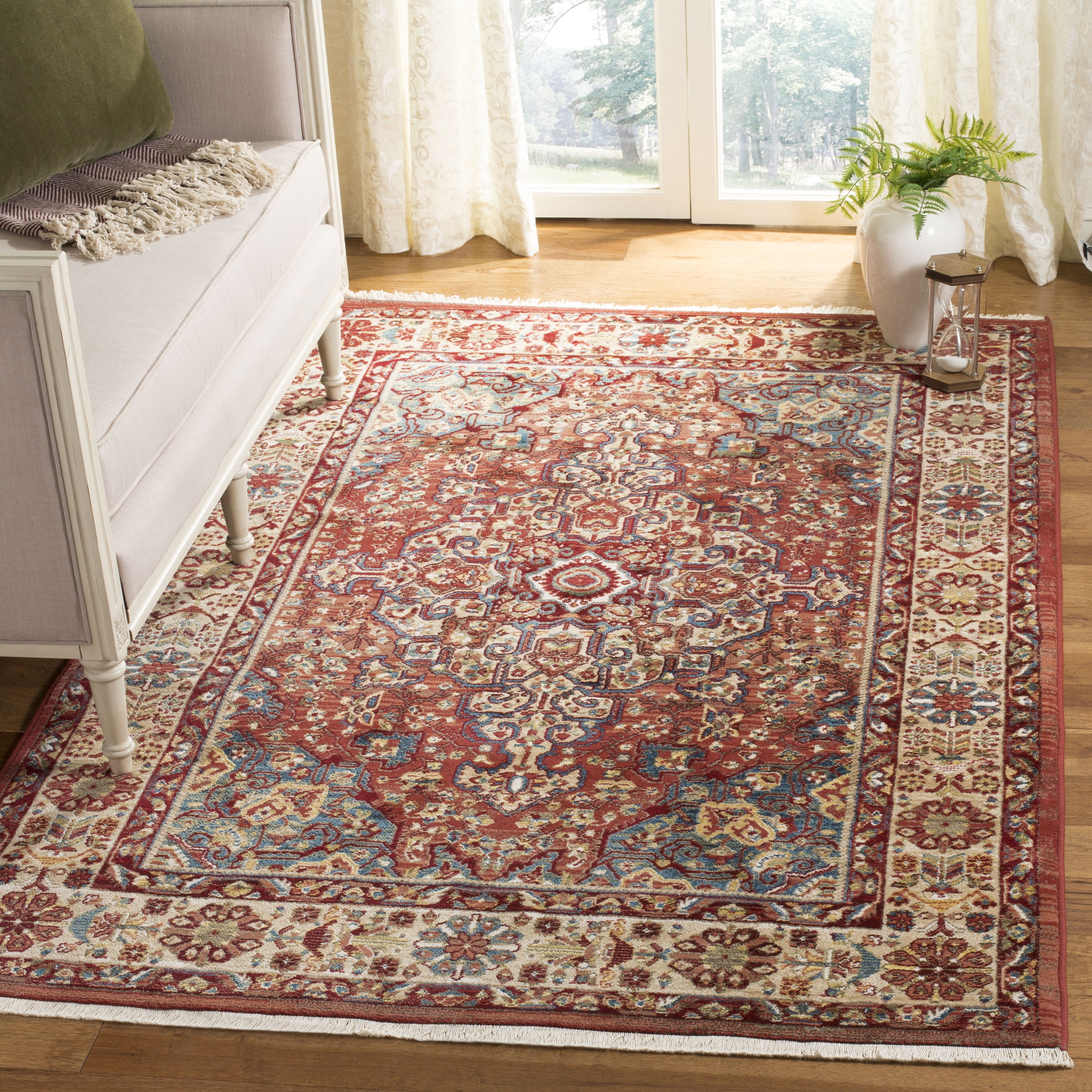 Red and Ivory Floral Synthetic Rectangular Area Rug