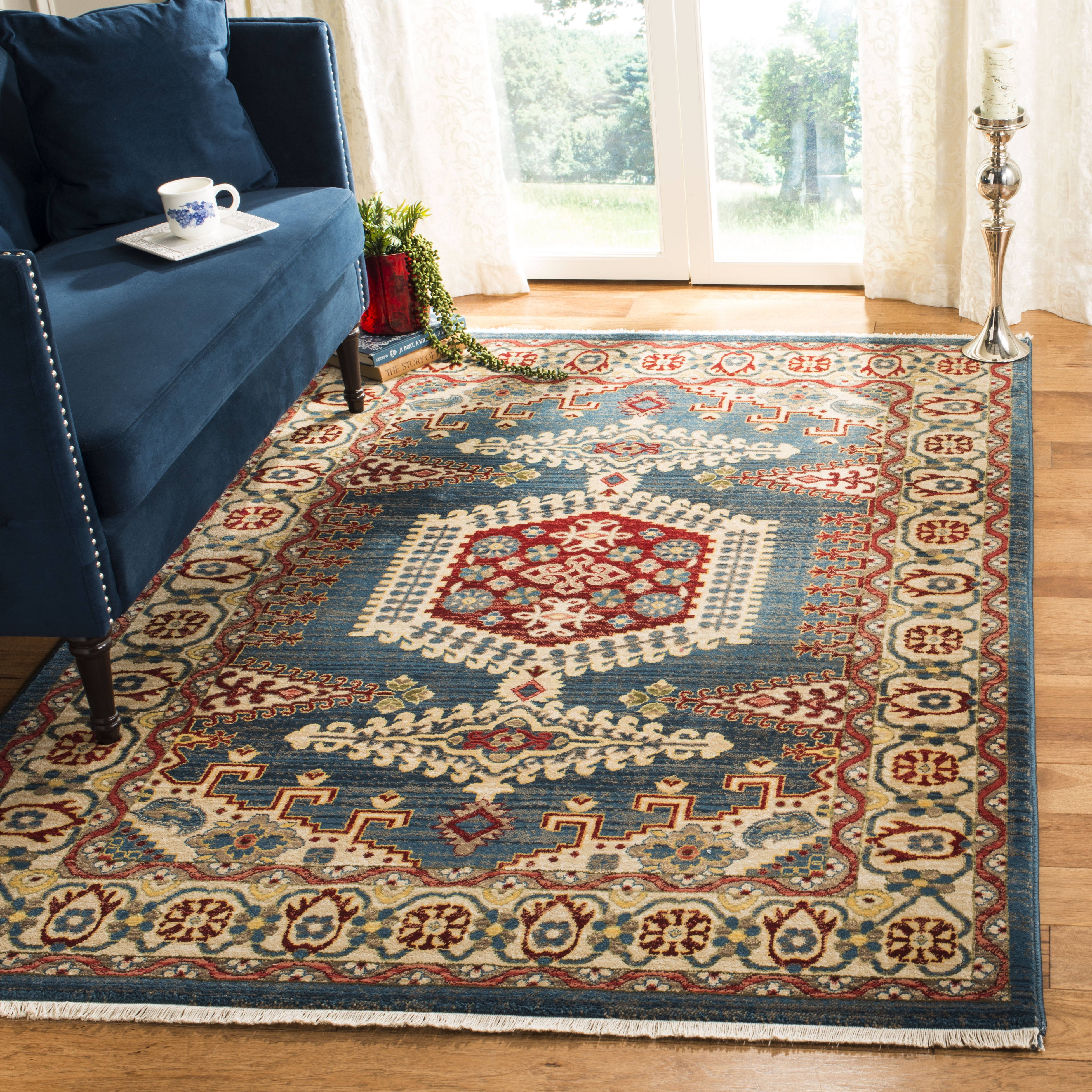 Navy Blue and Ivory Hand-Knotted Synthetic Area Rug