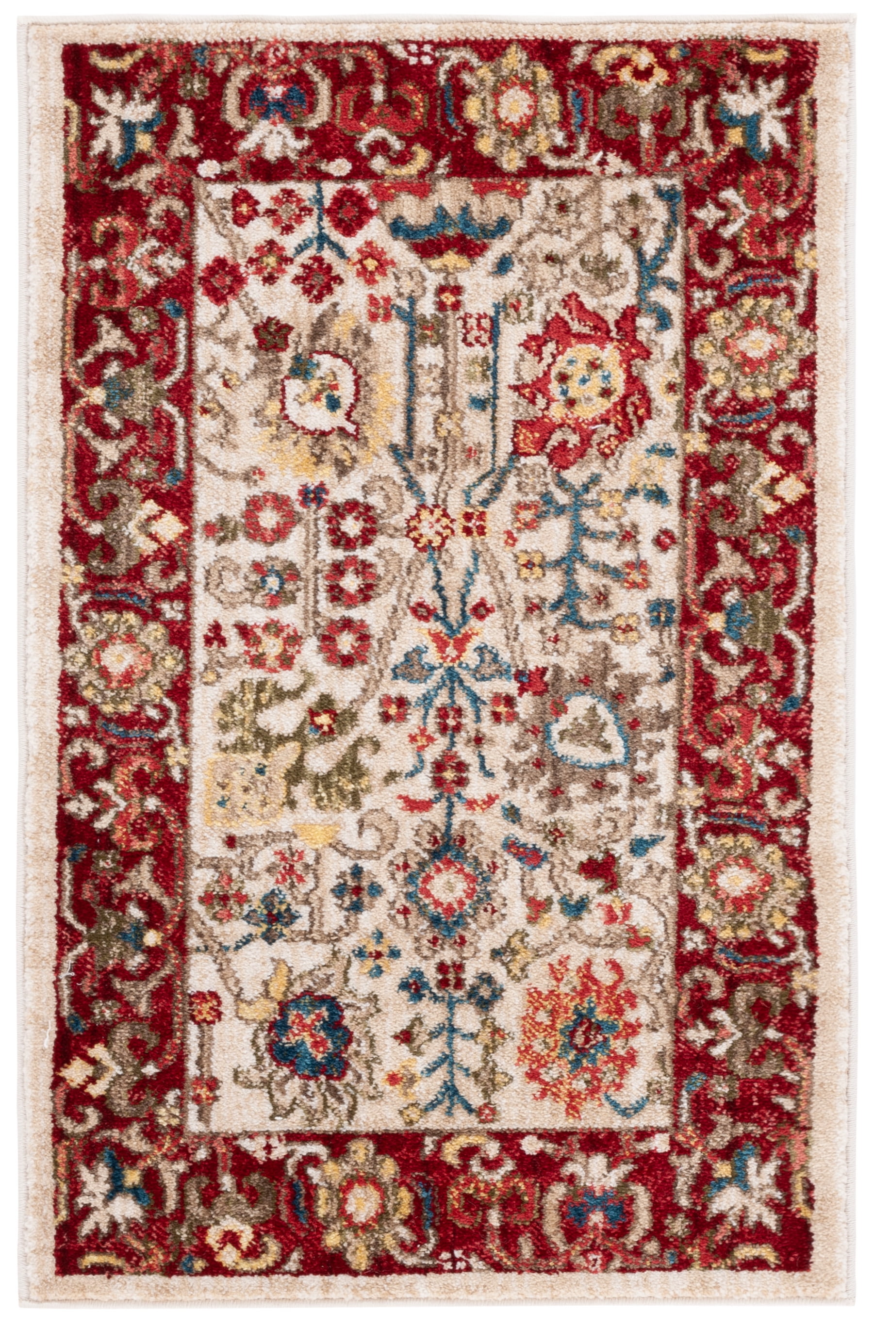 Ivory and Red Synthetic Traditional Oriental 2' x 3' Area Rug