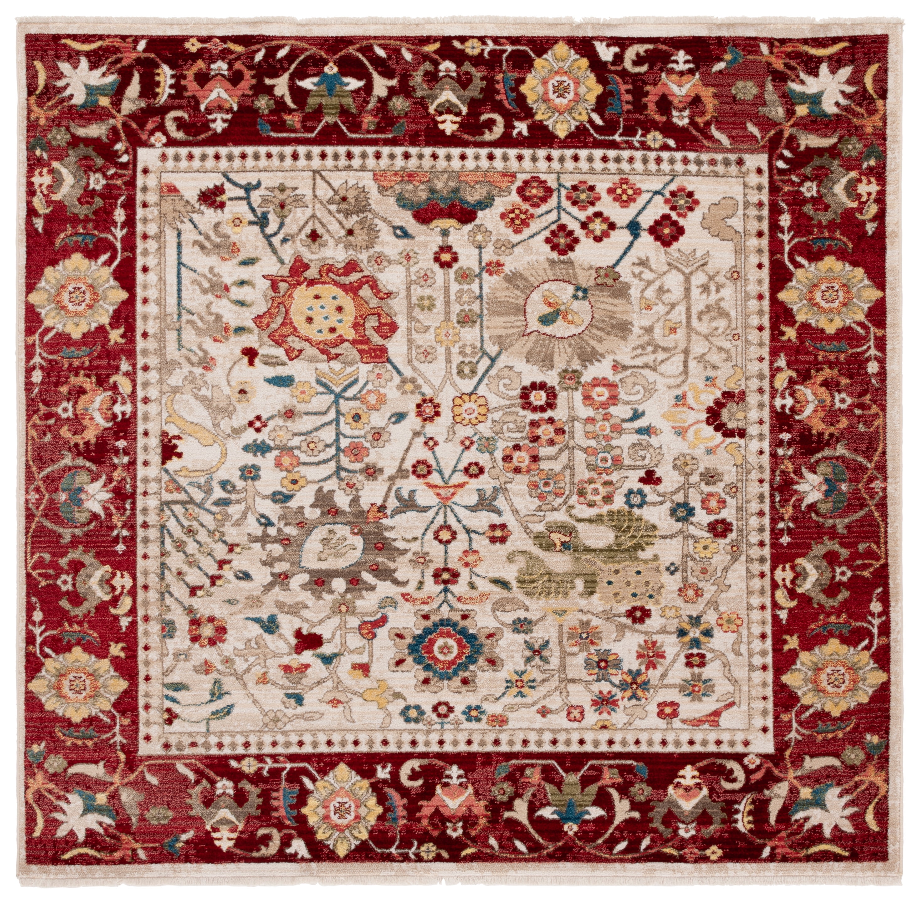 Red and Beige Synthetic Square Oriental Area Rug 6'-7" x 6'-7"