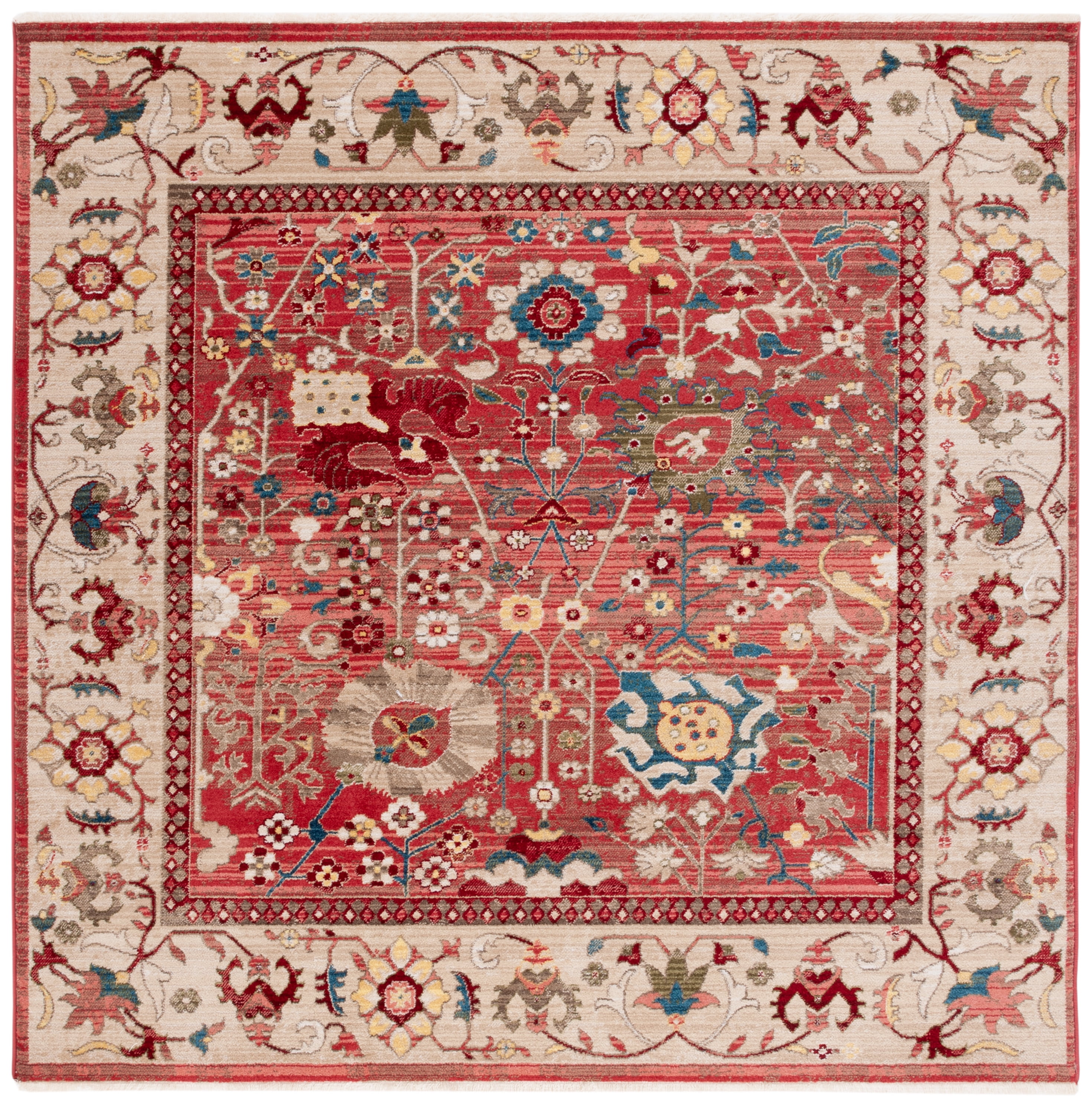 Red and Beige Synthetic Square Oriental Area Rug 6'-7" x 6'-7"
