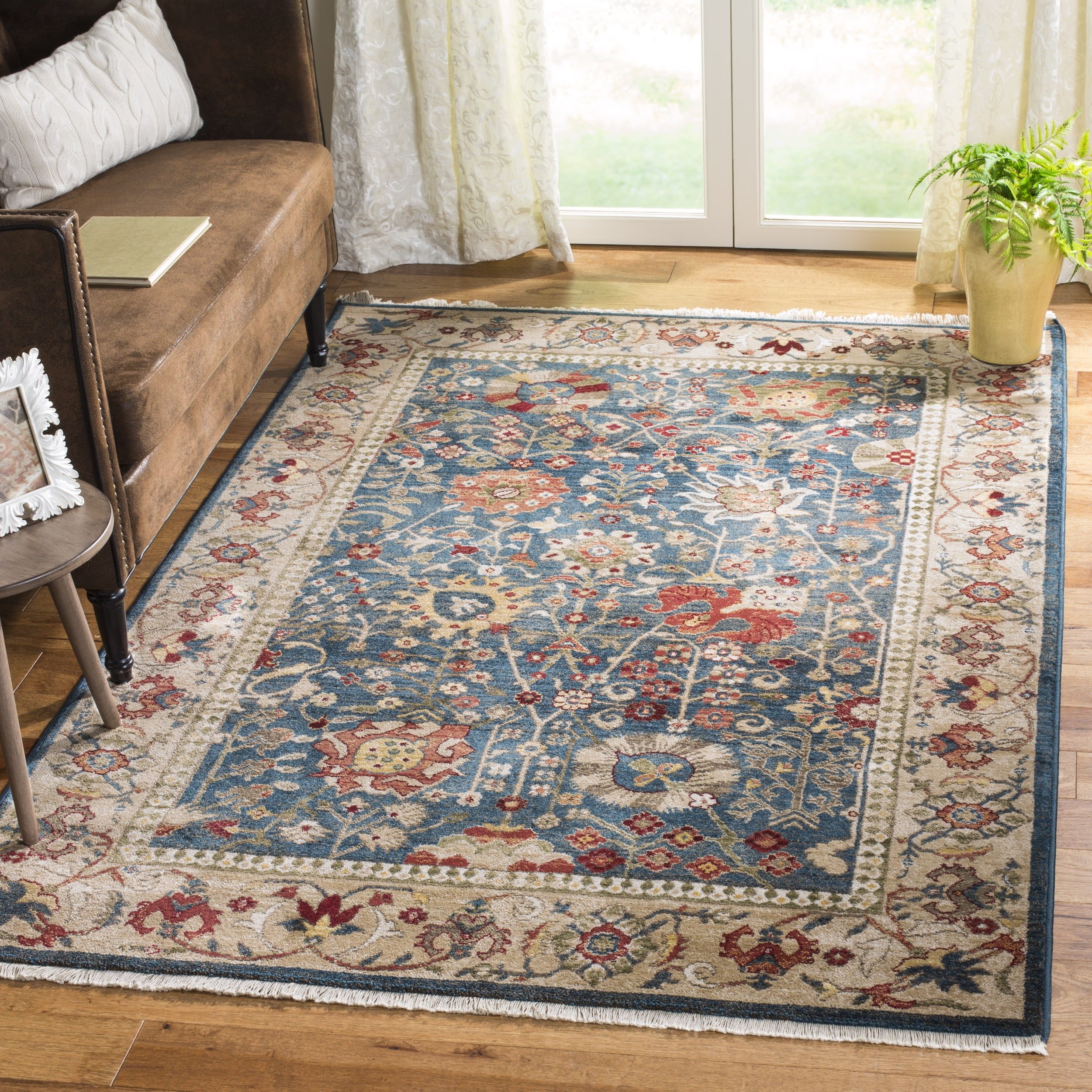 Kashan Blue and Tan Floral Motif Synthetic 8' x 10' Area Rug