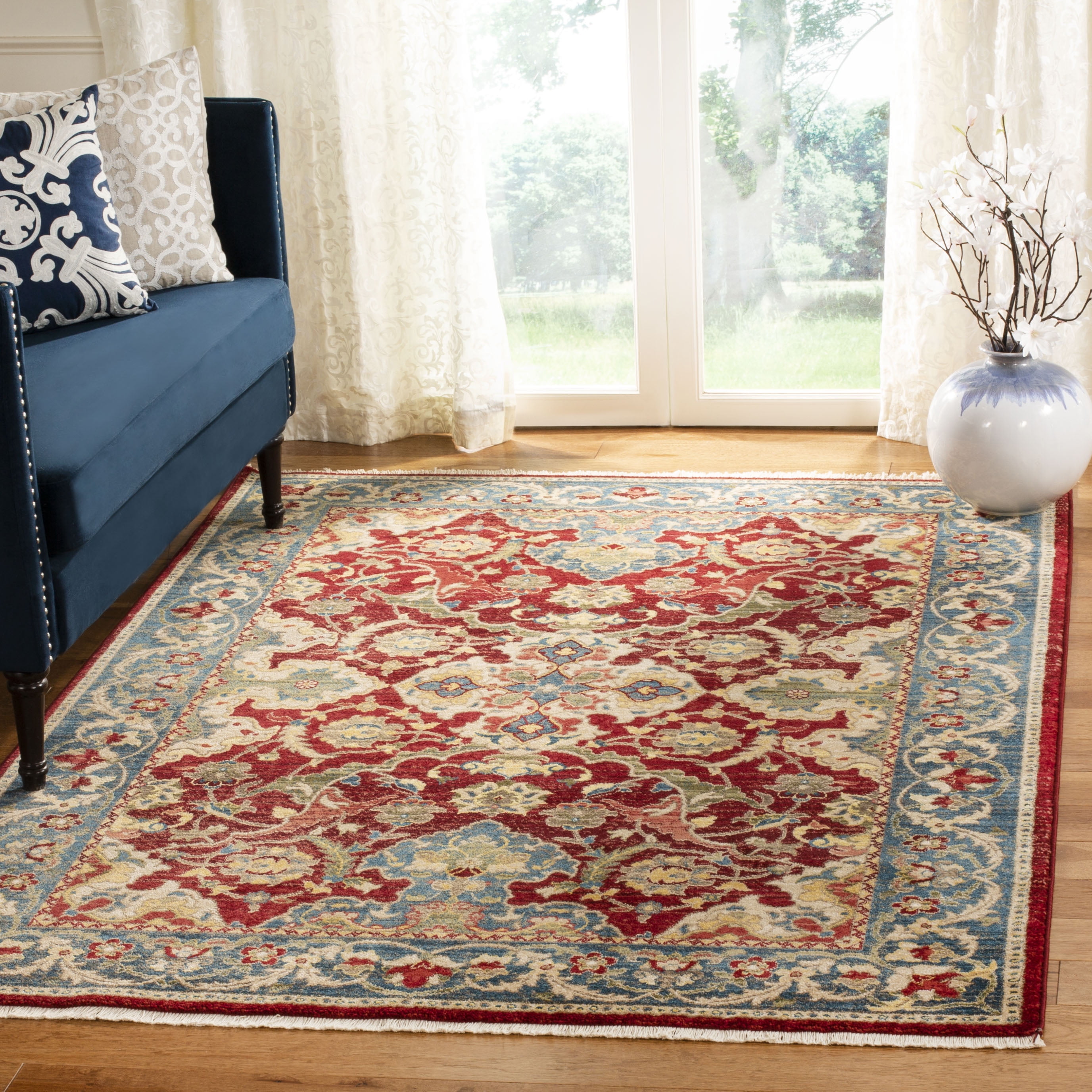 Red and Blue Floral Synthetic Rectangular Area Rug