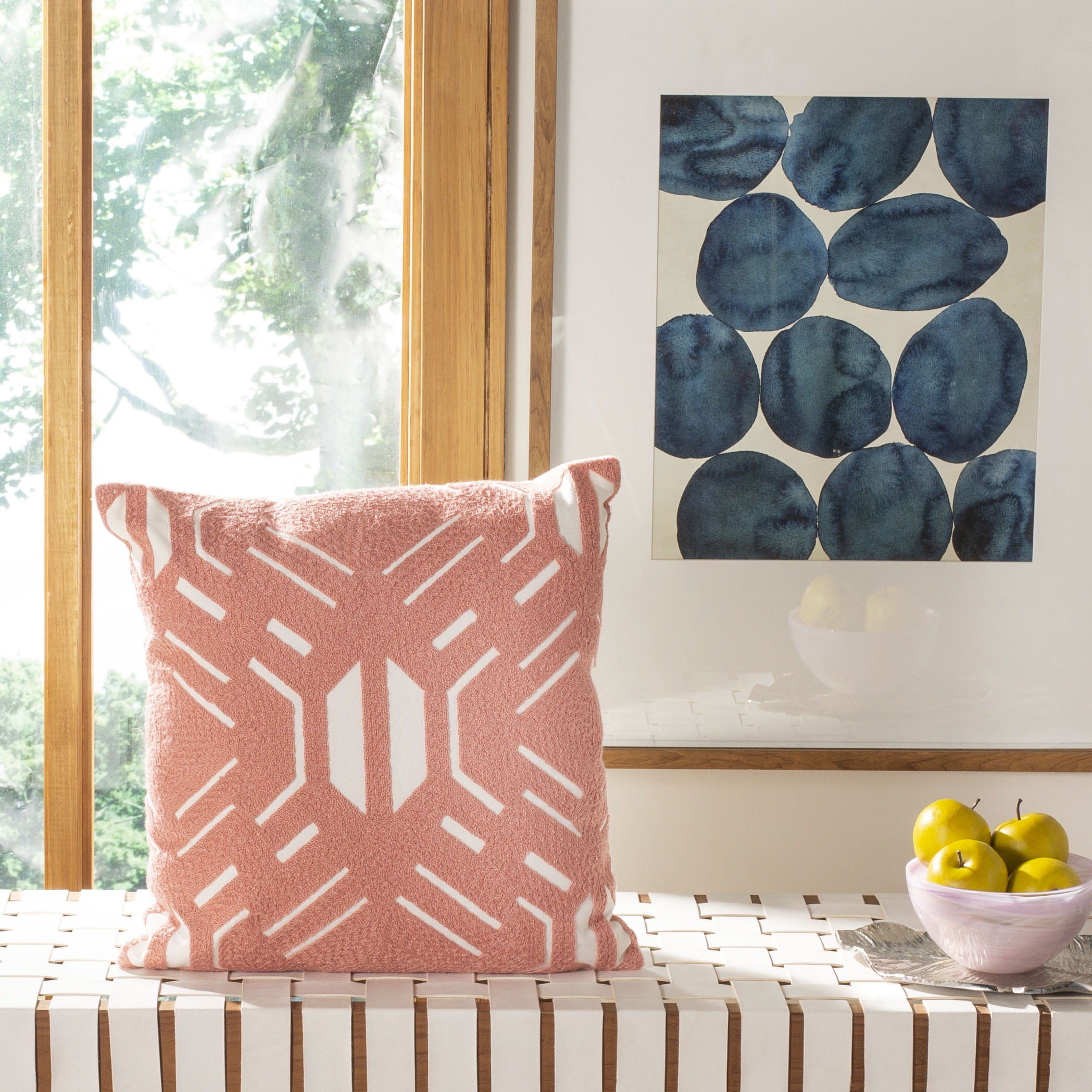 Blush and White Geometric Embroidered Cotton Pillow