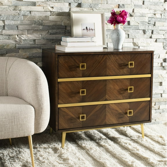 SAFAVIEH Katia Retro Chic Three Drawer Chest, Walnut/Gold