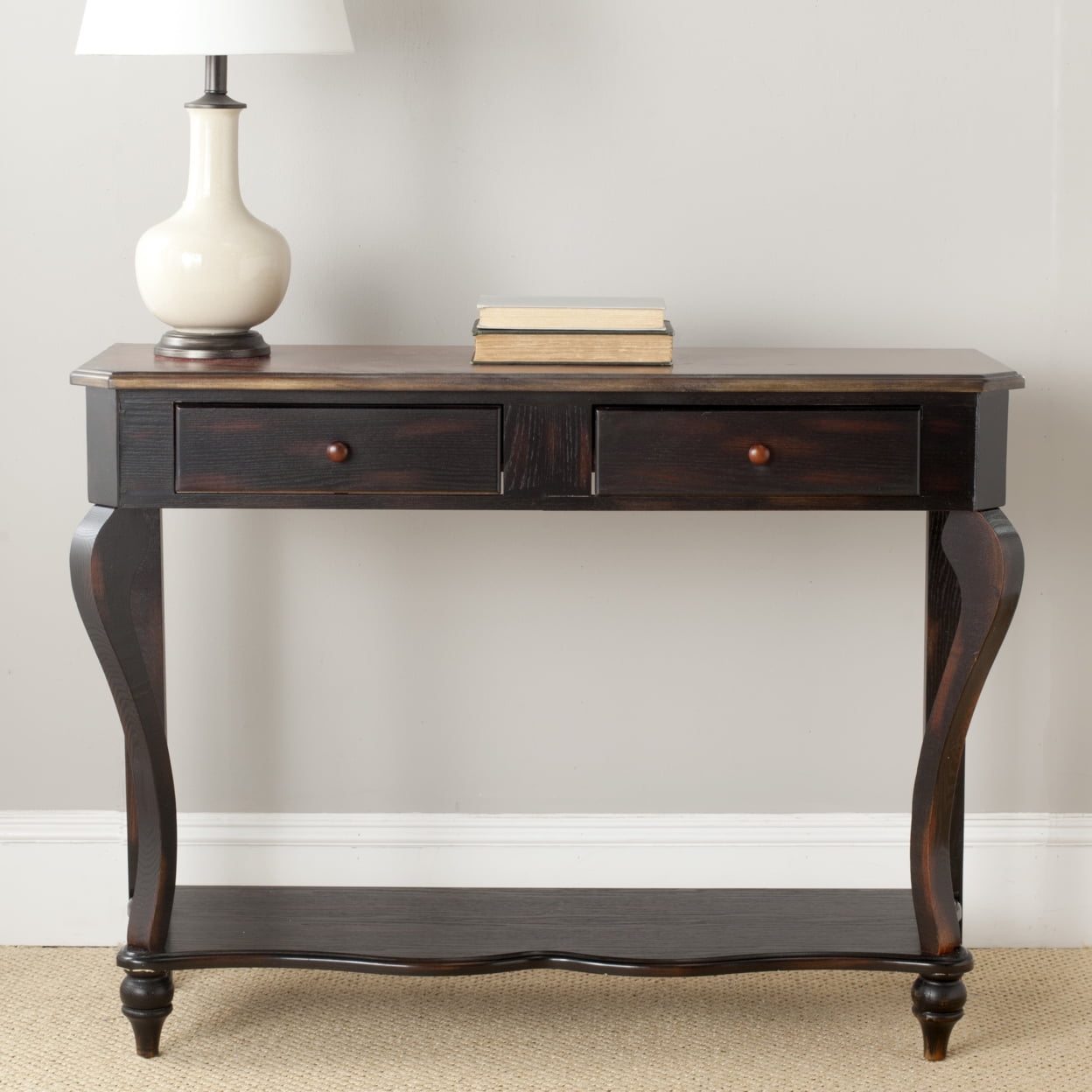 Transitional Dark Brown Birch Wood Console Table with Storage
