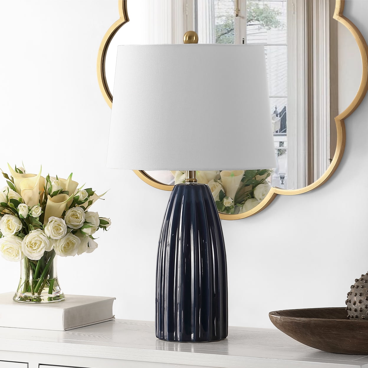 Kayden Navy Blue Ceramic Table Lamp with White Shade