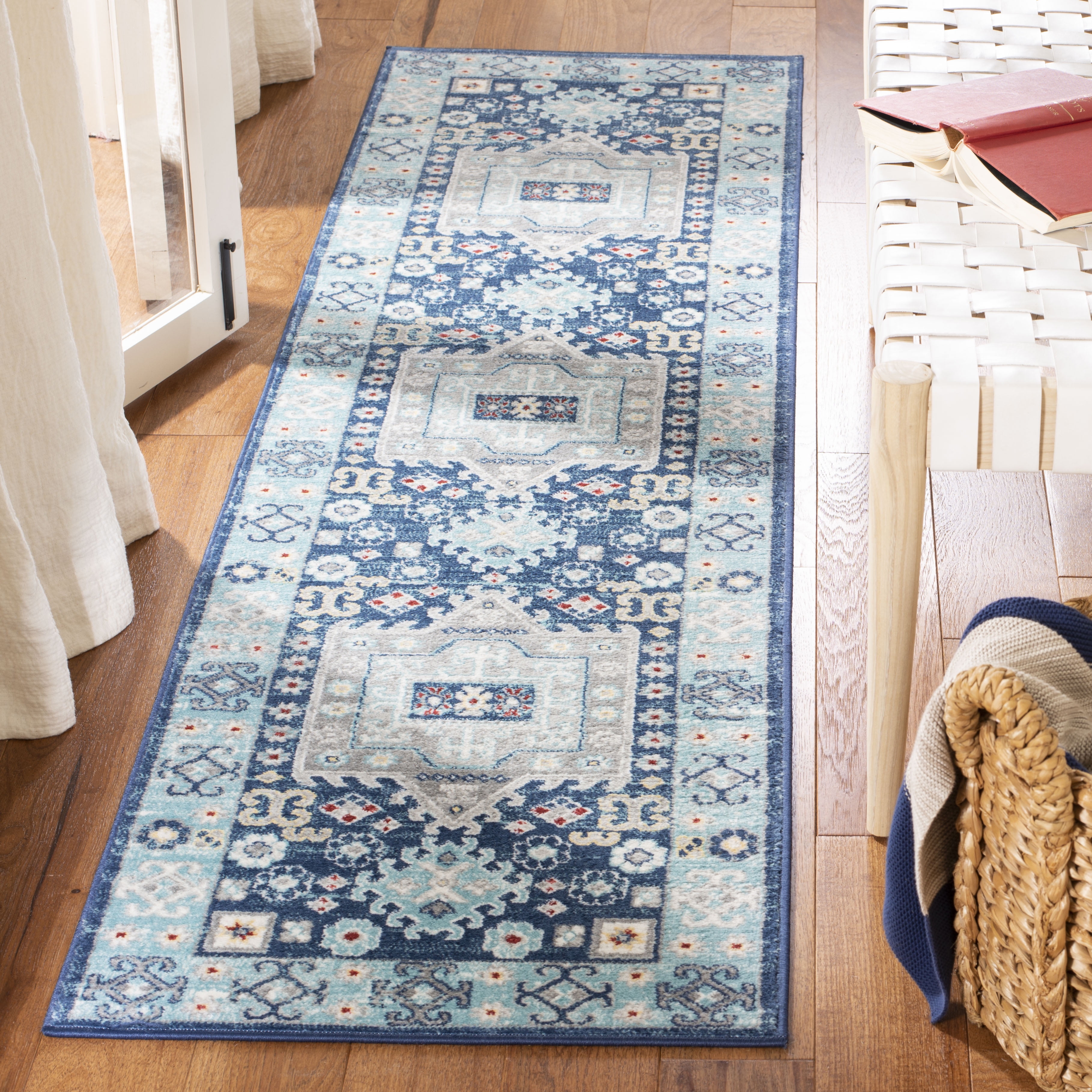 Blue and Cream Geometric Synthetic Runner Rug 2' x 8'