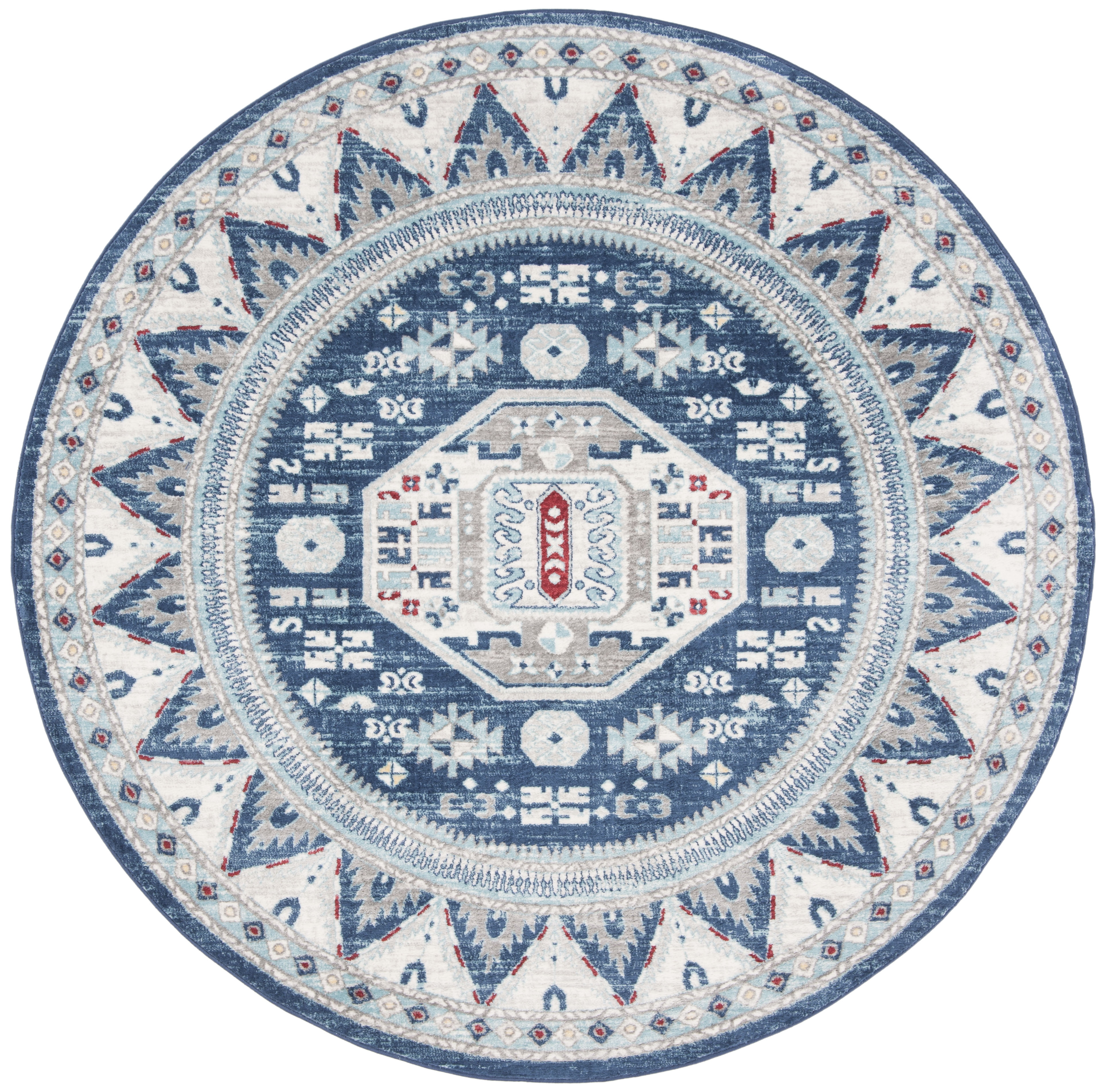 Round Blue and Creme Synthetic Non-slip Area Rug, 80"
