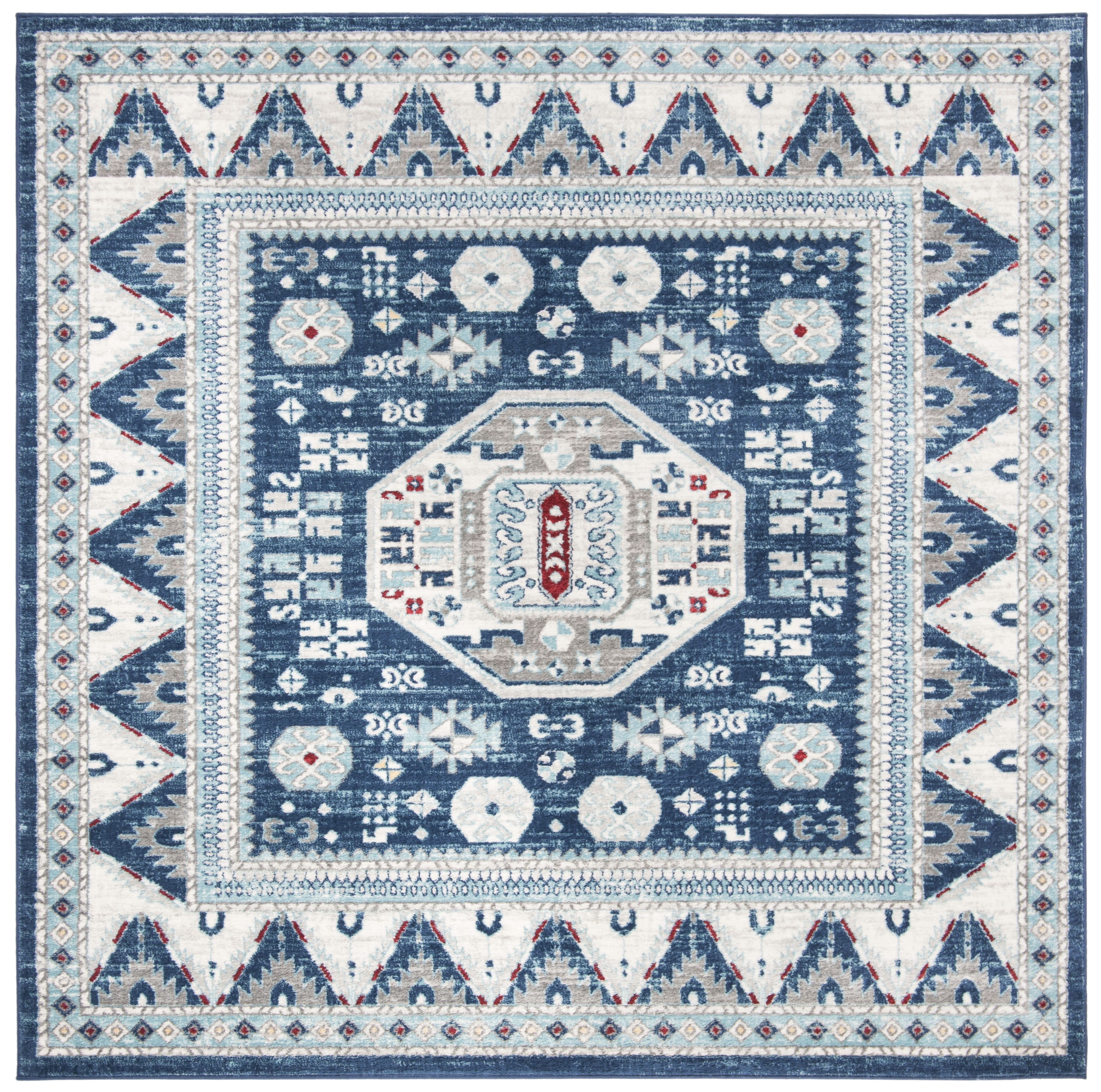 Blue and Cream Geometric Square Area Rug 80"