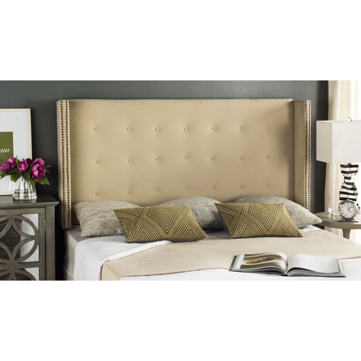 SAFAVIEH Keegan Winged Tufted Headboard with Nail Heads, Twin, Buckwheat
