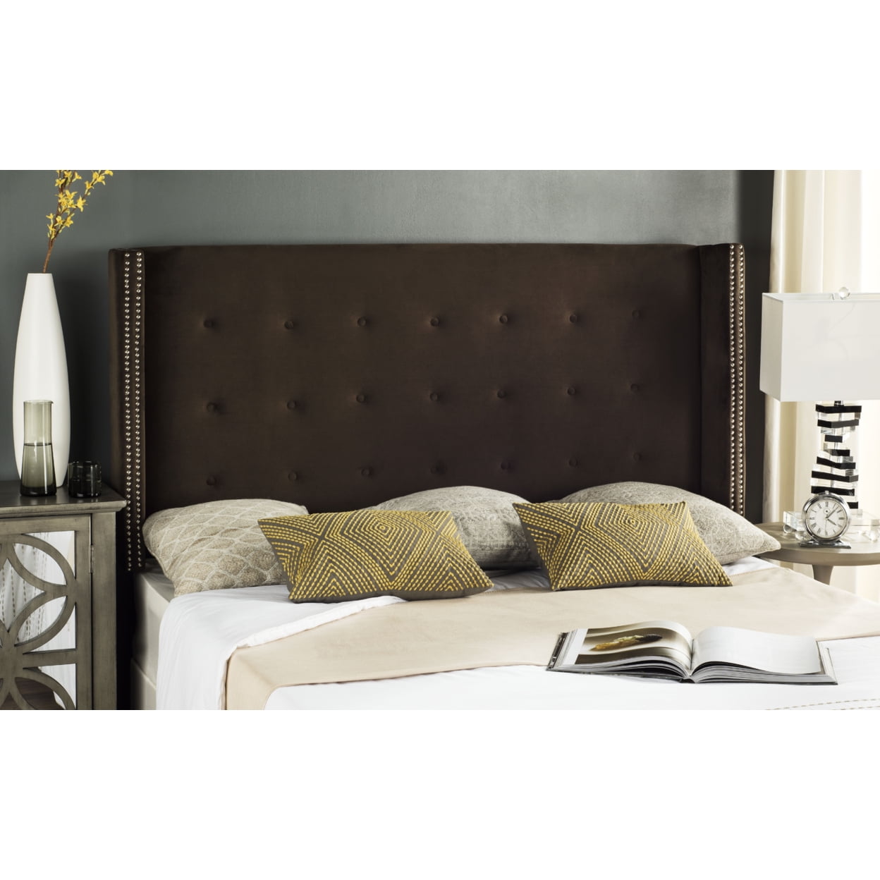 SAFAVIEH Keegan Winged Tufted Headboard with Nail Heads, Twin, Chocolate