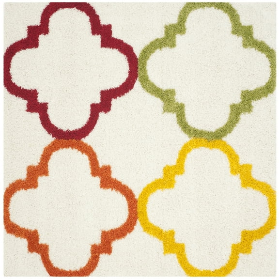 SAFAVIEH Keeleigh Geometric Quatrefoil Kids Shag Area Rug, Ivory/Multi, 5'3" x 5'3" Square