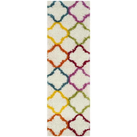 SAFAVIEH Keeleigh Geometric Quatrefoil Kids Shag Runner Rug, Ivory/Multi, 2'3" x 7'