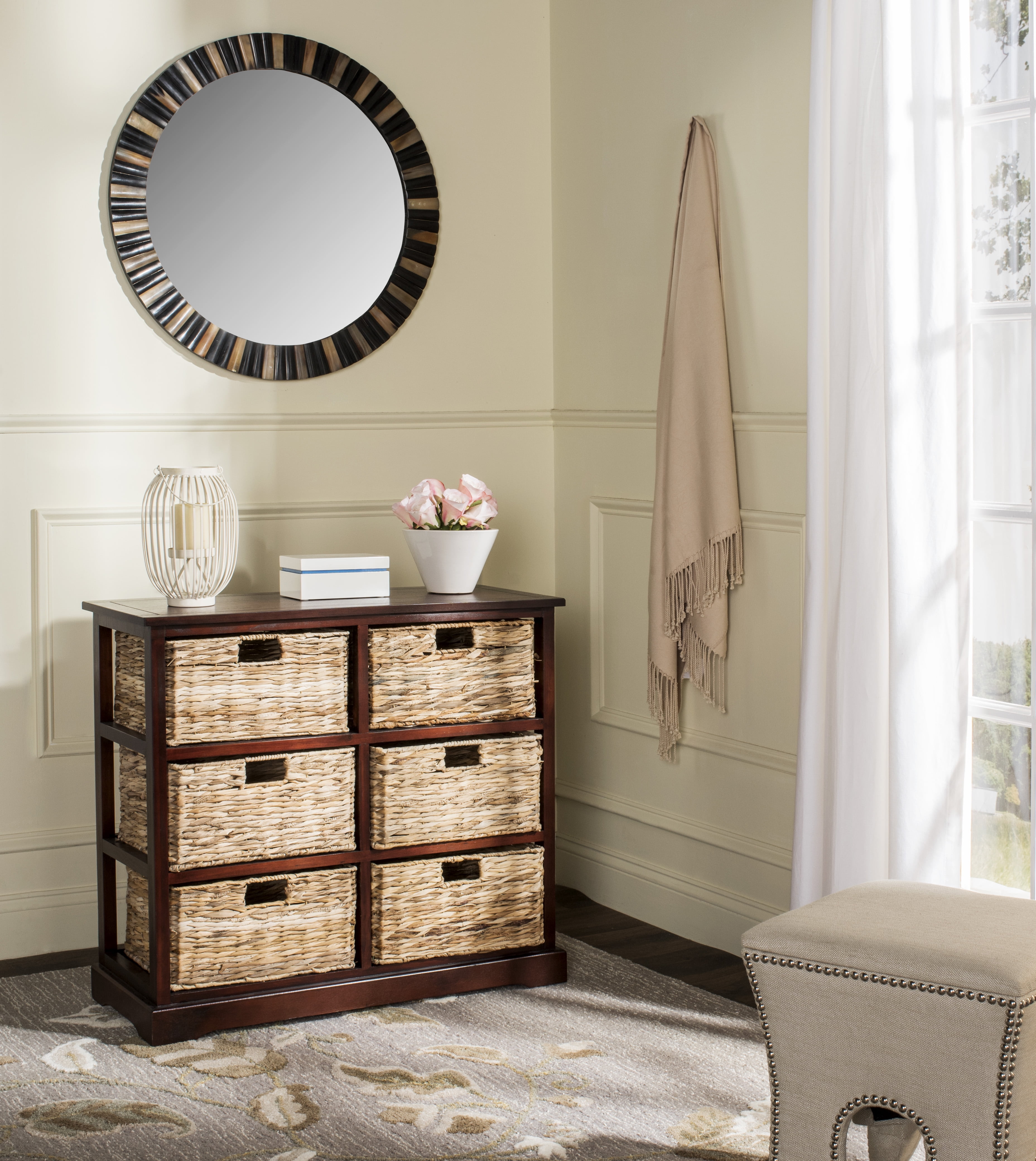 Cherry Pine 6-Basket Wicker Storage Chest