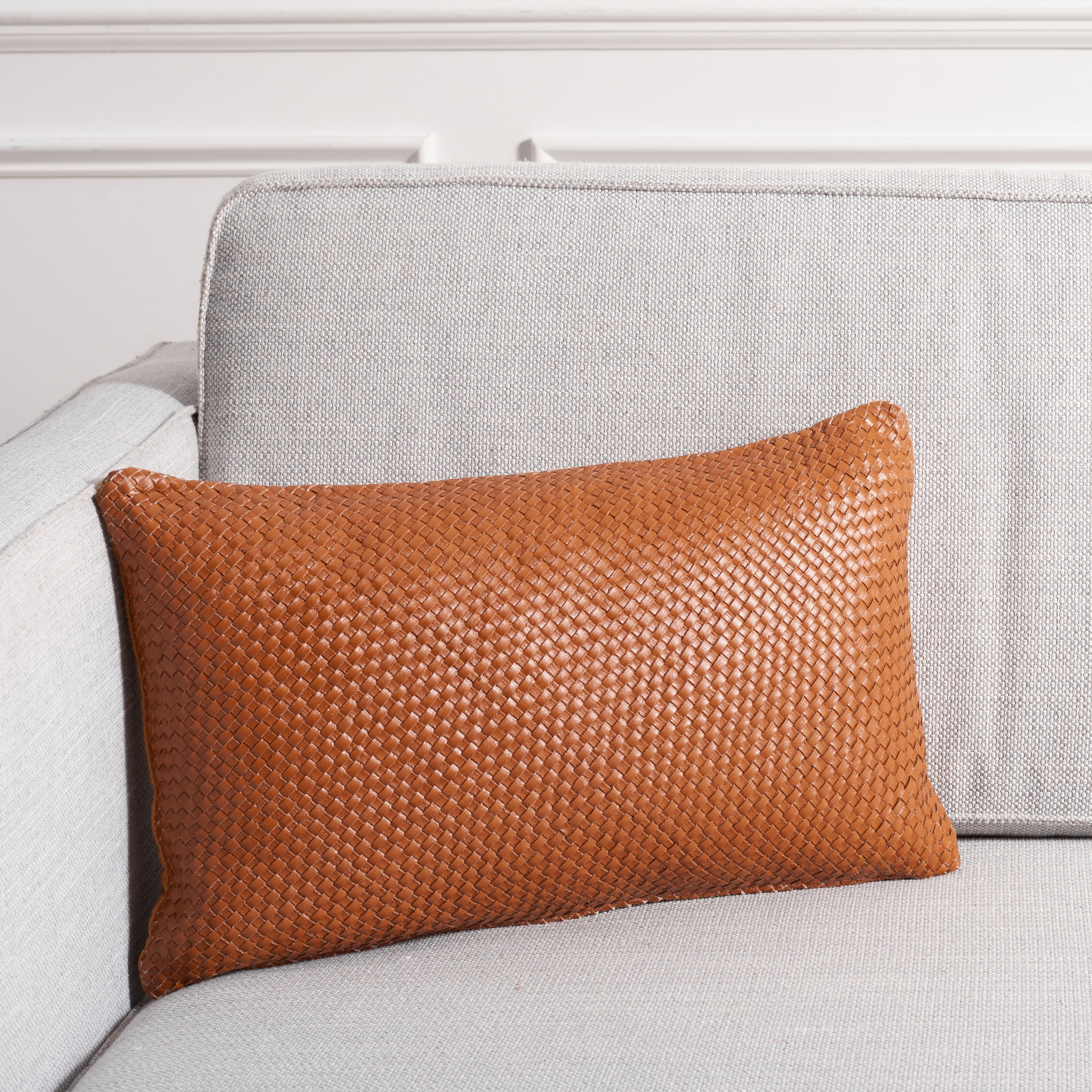 Camel Brown Rectangular Leather Accent Pillow with Zipper Closure