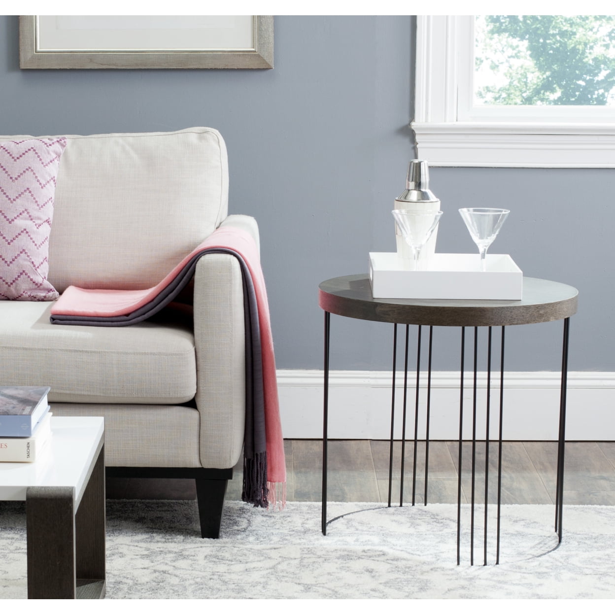 Kelly Round Black and Brown Wood Metal Side Table