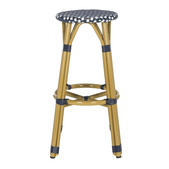 SAFAVIEH Kelsey Outdoor Patio Rattan Bar Stool with Footrest, Navy/White