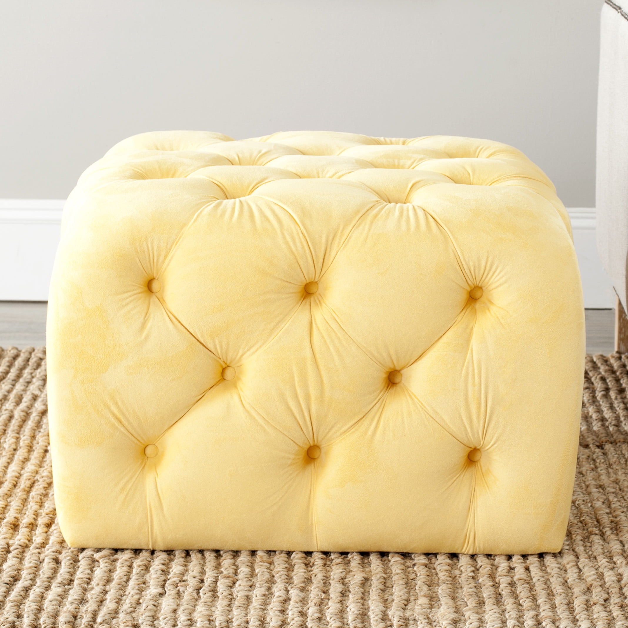 SAFAVIEH Kenan Modern Solid Velvet Tufted Ottoman, Sunflower Yellow