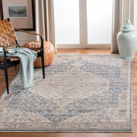 SAFAVIEH Kenitra Jermaine Floral Bordered Polyester Area Rug, Blue/Ivory, 4' x 6'