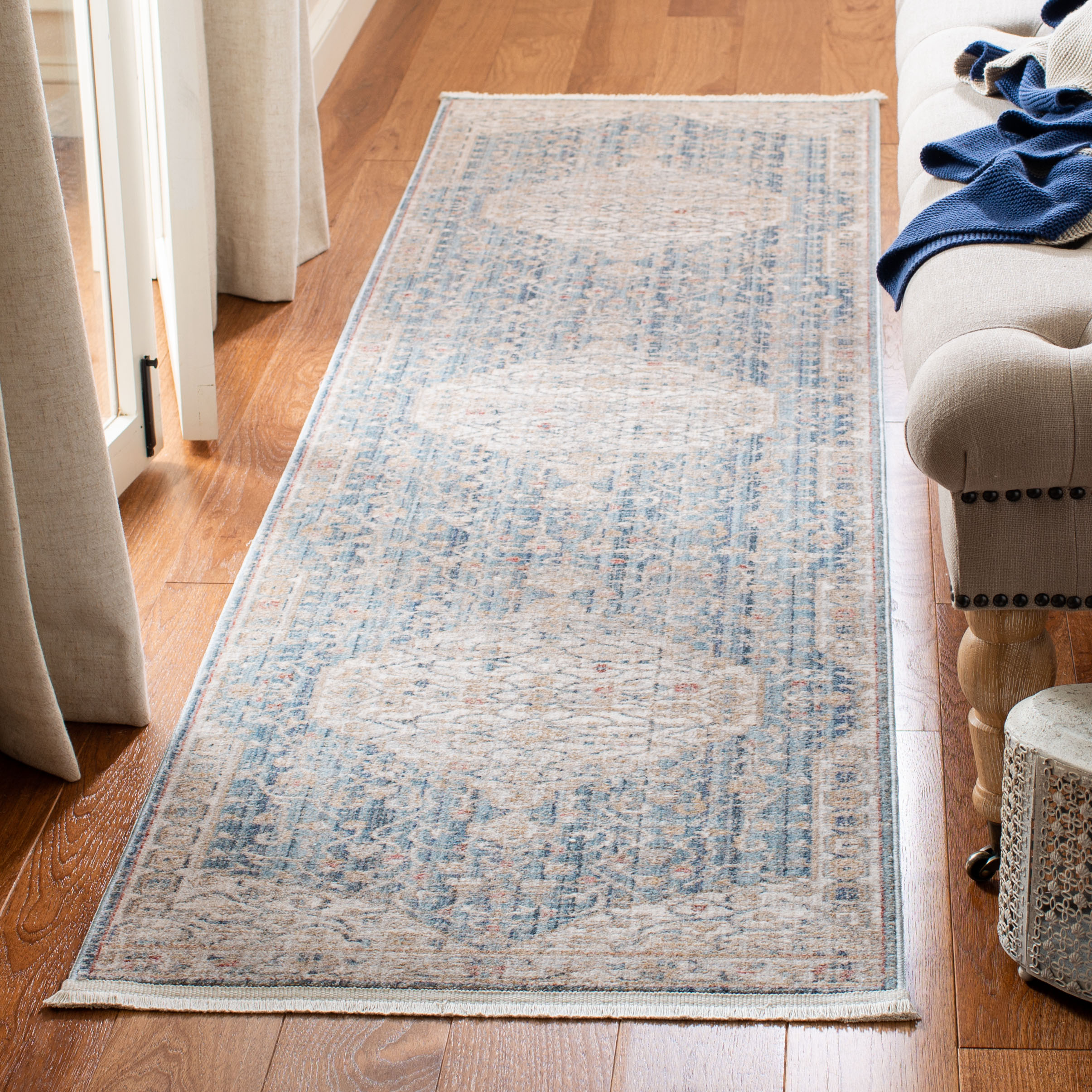 SAFAVIEH Kenitra Jermaine Floral Bordered Polyester Runner Rug, Blue/Ivory, 2'2" x 8'