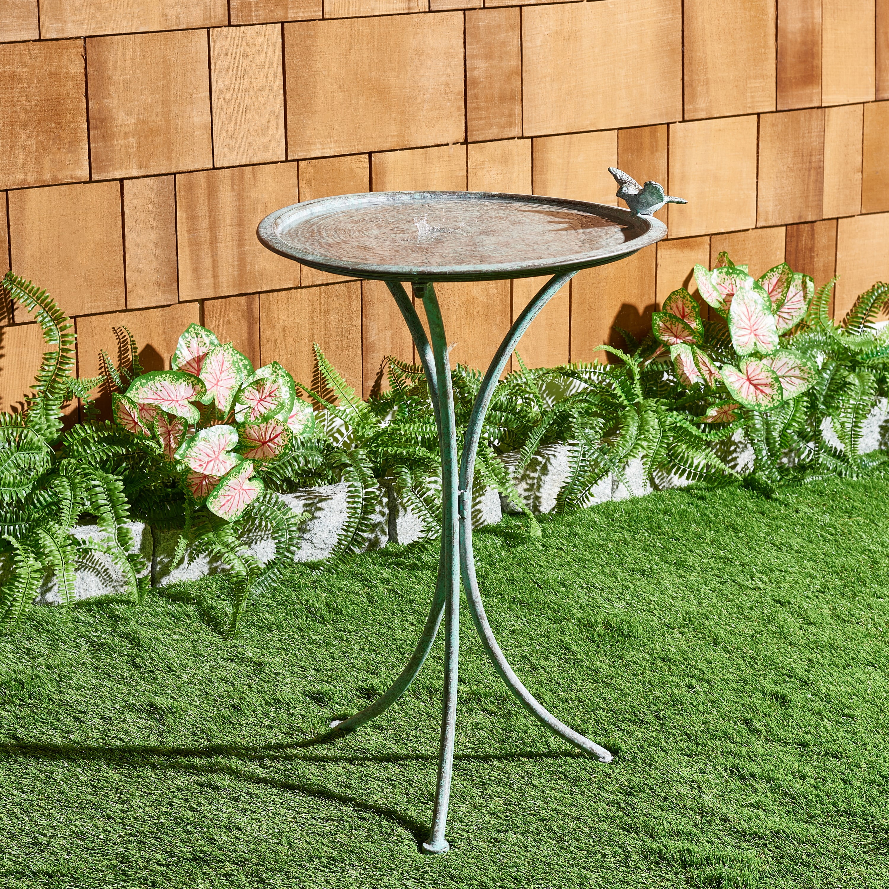Kensi Antique Green Metal Outdoor Bird Bath with Sculptural Bird Ornament