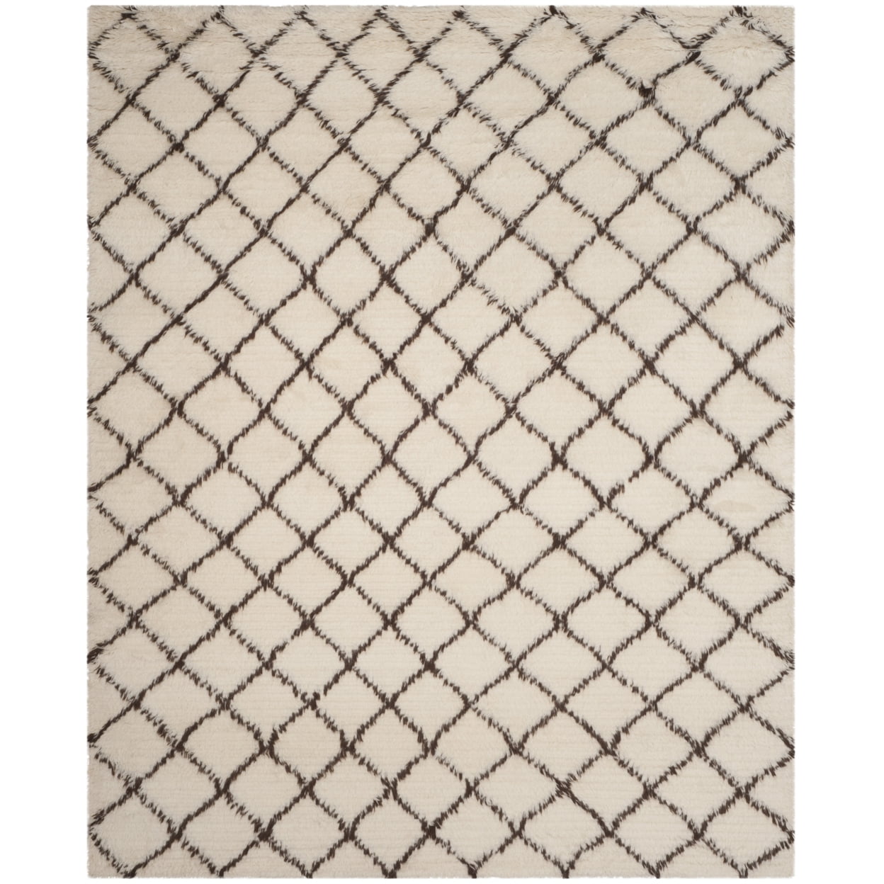 Ivory and Dark Brown Hand-Knotted Wool Shag Rug, 9' x 12'