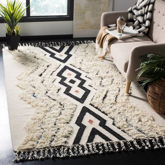 SAFAVIEH Kenya Alexa Abstract Fringe Area Rug, Ivory/Black/Blue, 3' x 5'