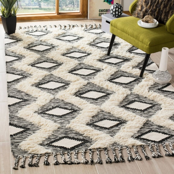 SAFAVIEH Kenya Aniyah Geometric Diamonds Fringe Area Rug, Black/Ivory, 3' x 5'