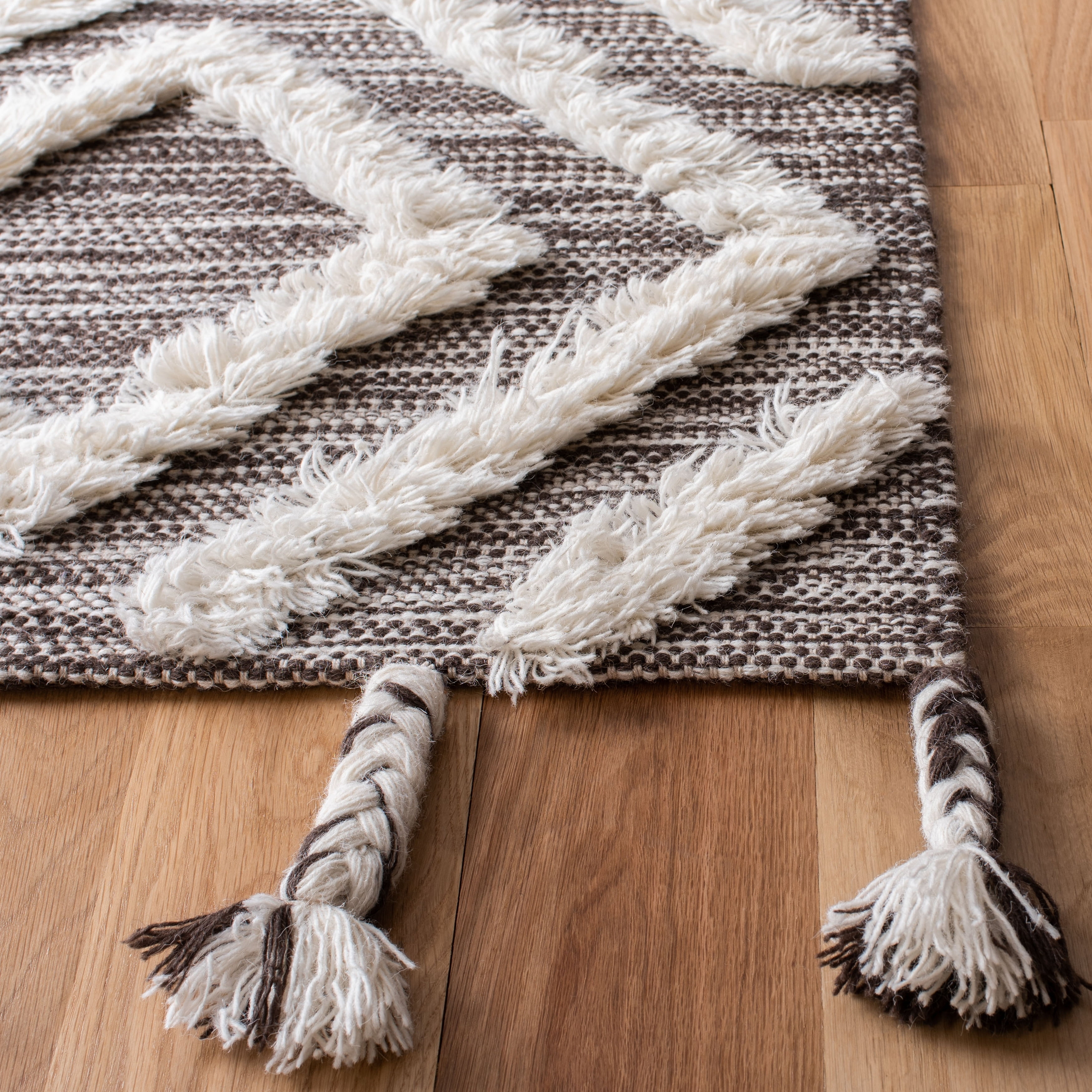 Hand-Knotted Brown and Ivory Wool Geometric Runner Rug