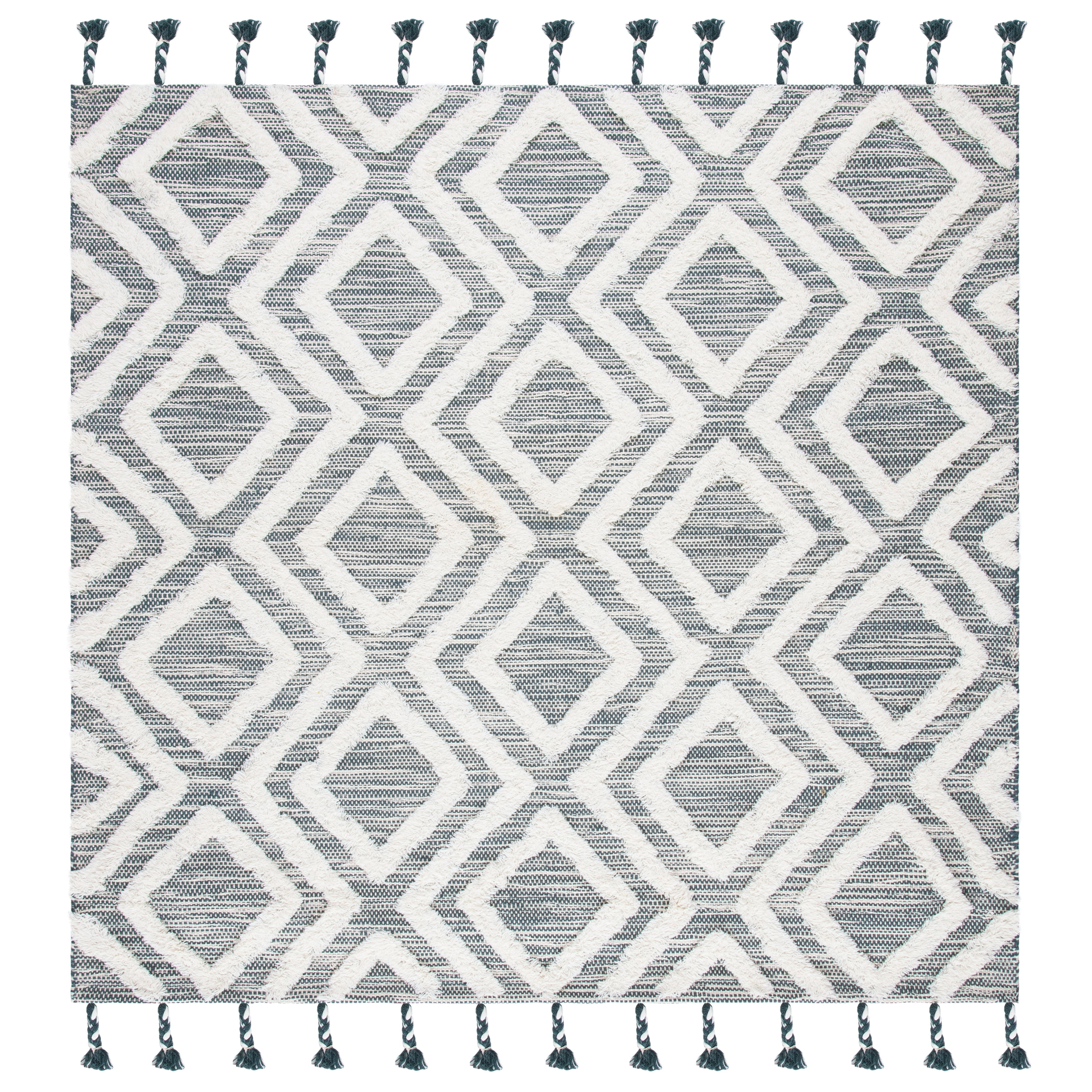 Ivory Wool Hand-Knotted 7' Square Tribal Design Area Rug