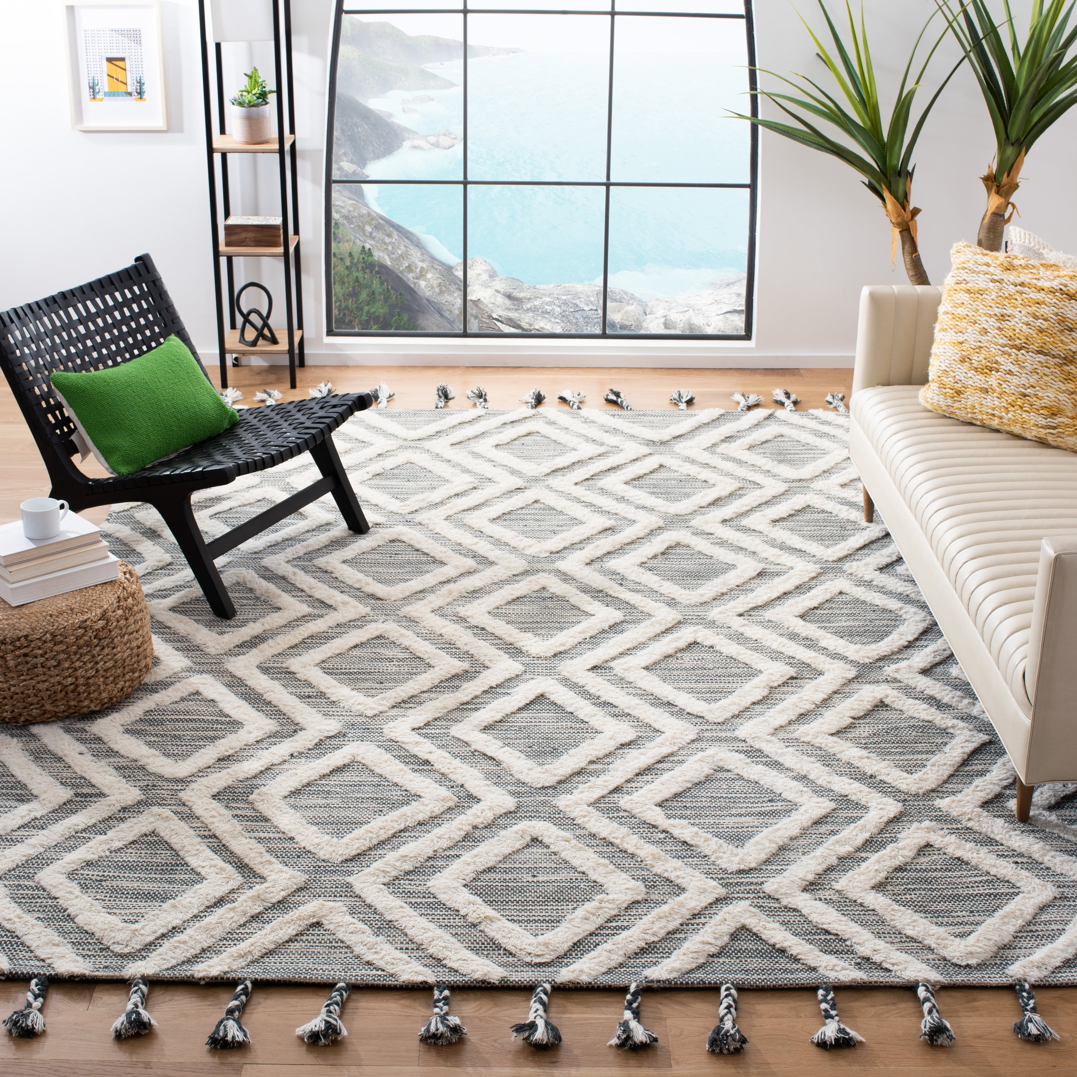 Ivory and Teal Geometric Hand-Knotted Wool Area Rug, 8' x 10'