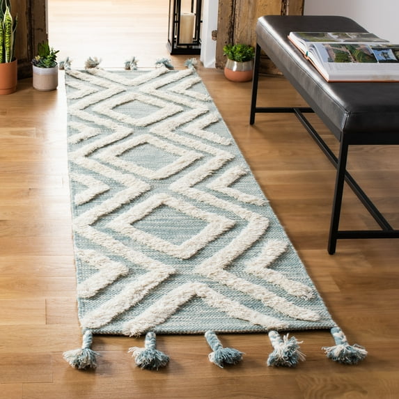 SAFAVIEH Kenya Arline Geometric Wool Runner Rug, Aqua/Ivory, 2'3" x 8'