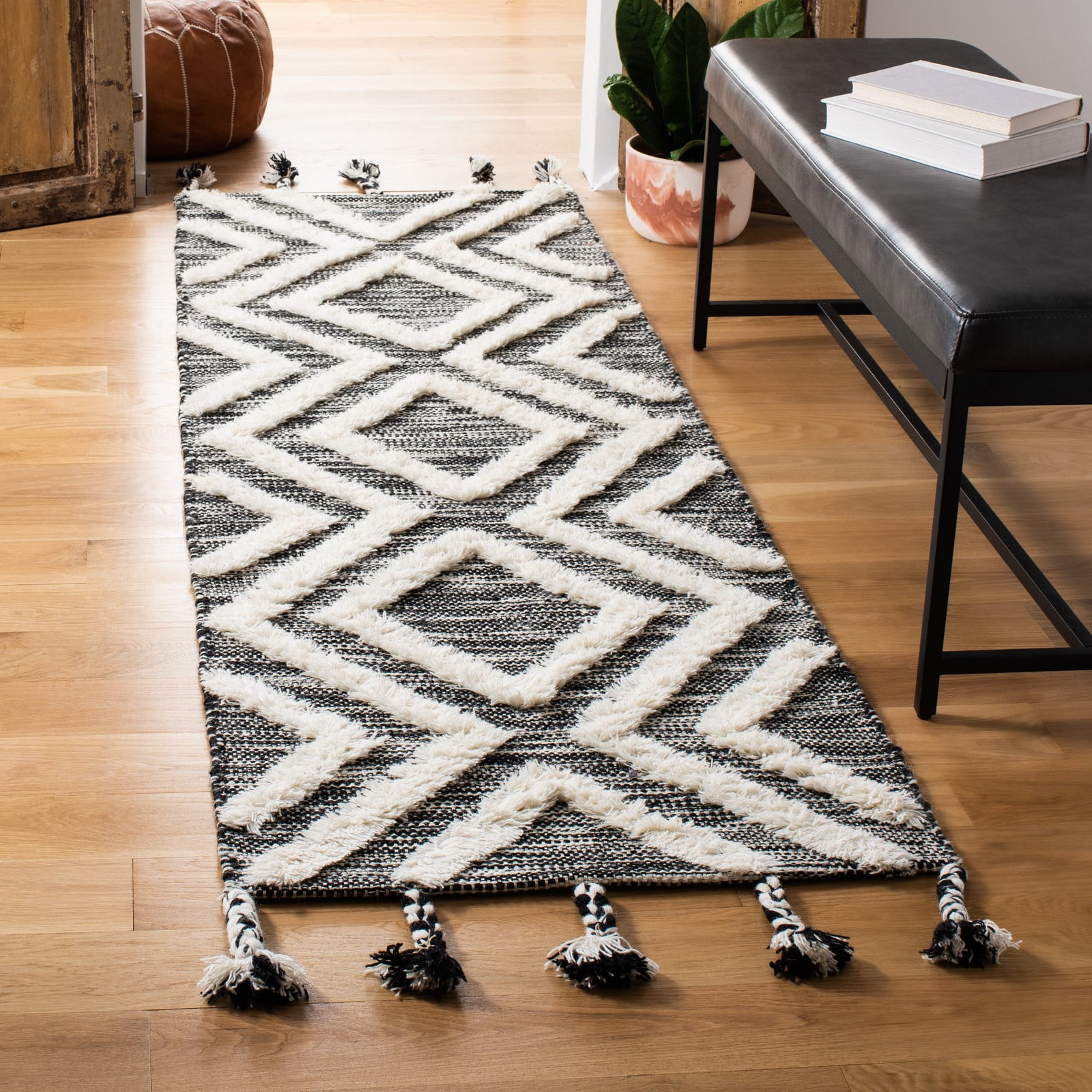 Ivory and Black Hand-Knotted Wool Runner Rug