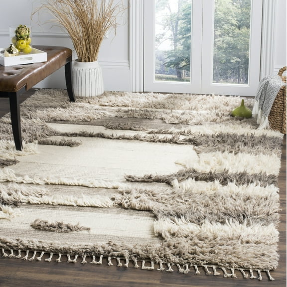 SAFAVIEH Kenya Bevin Braided Abstract Fringe Area Rug, Ivory/Grey, 5' x 8'