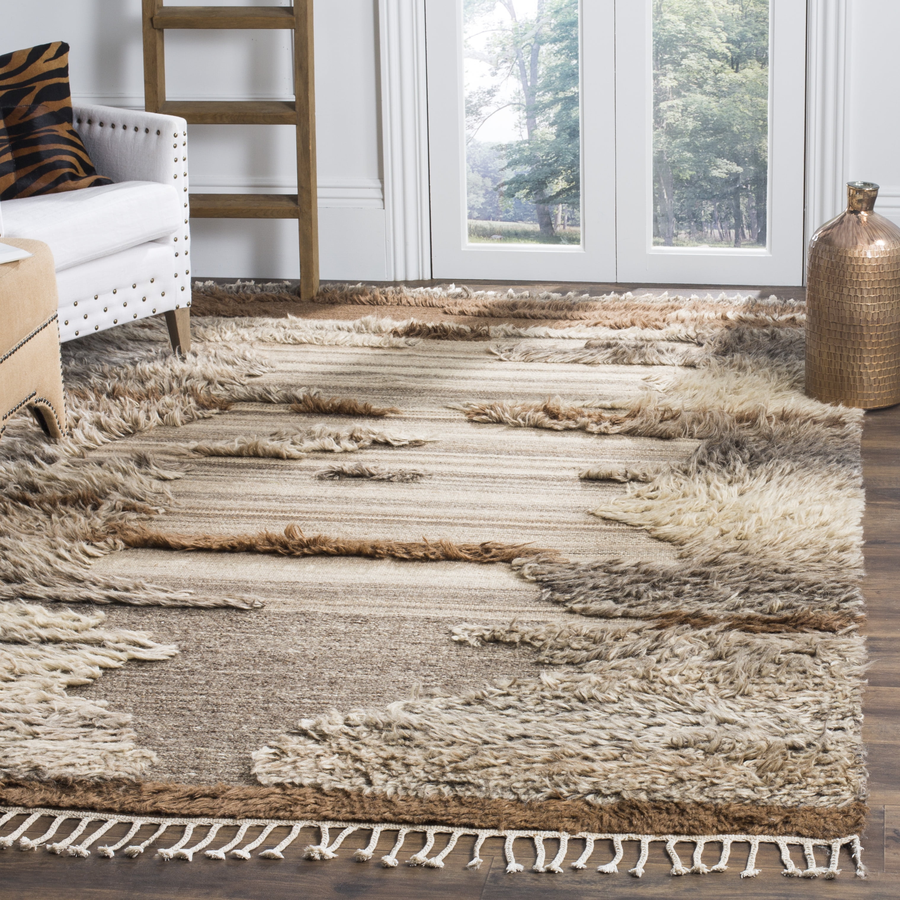 Hand-Knotted Gray and Brown Wool Rectangular Rug with Textured Accent