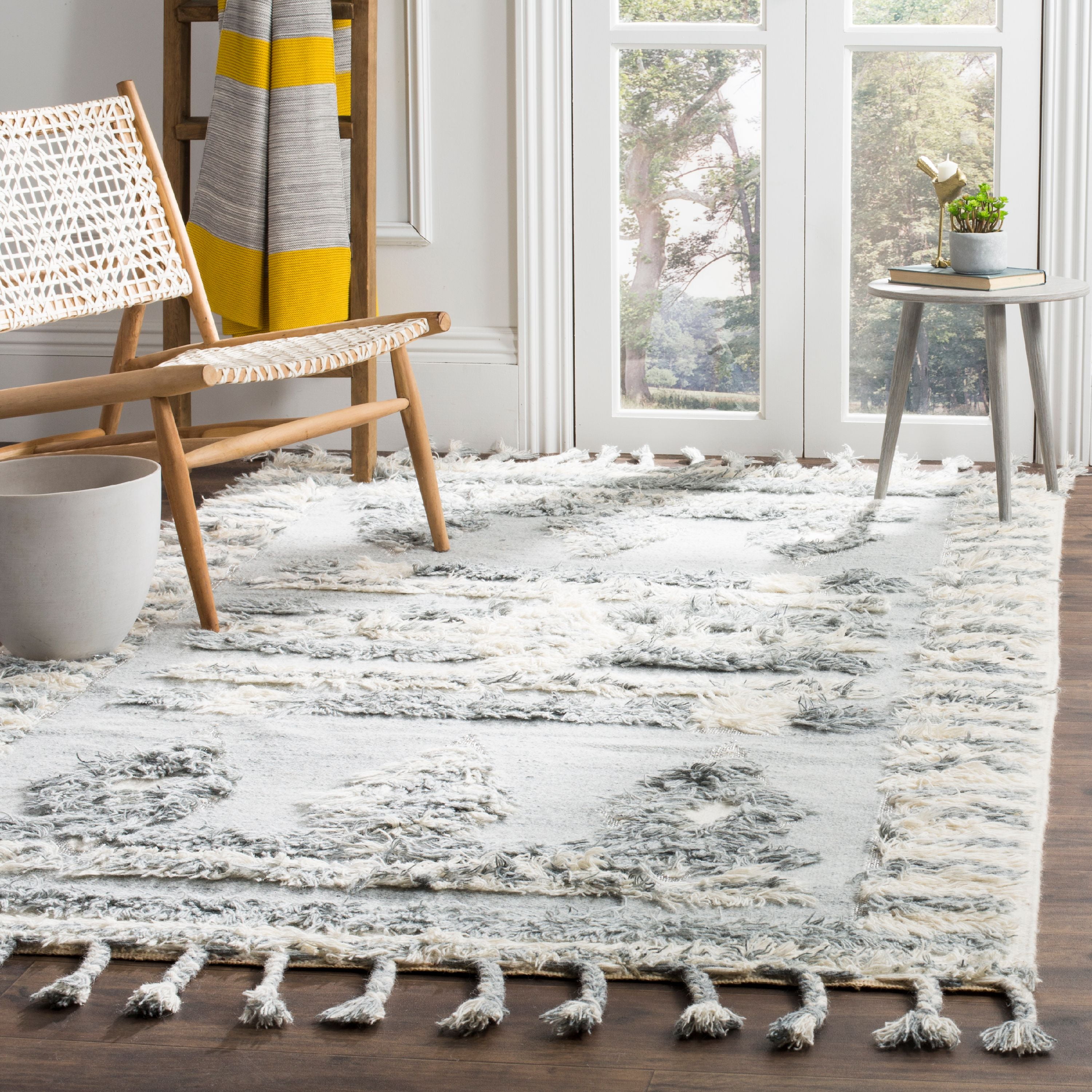 Grey and Ivory Geometric Hand-Knotted Wool 8' x 10' Area Rug