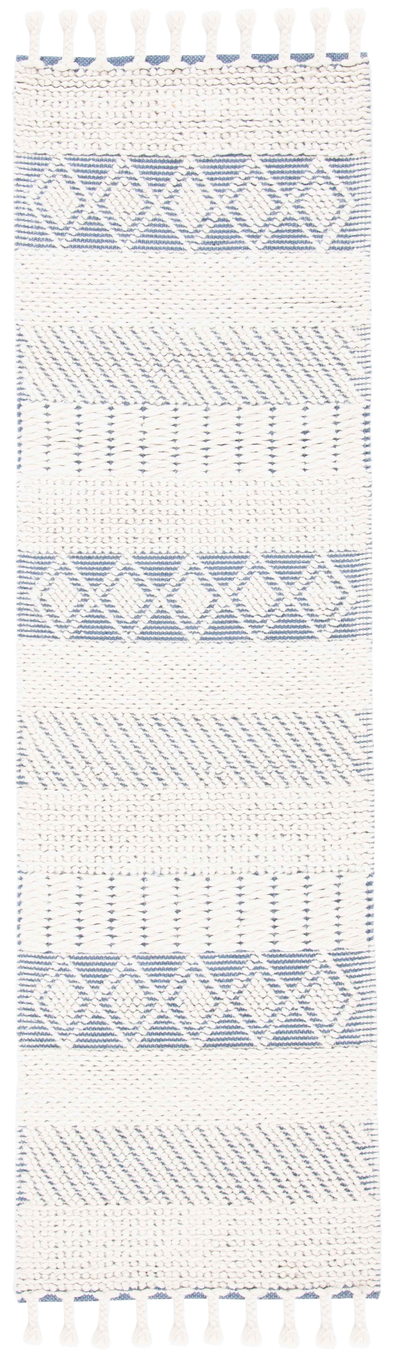 Ivory and Blue Hand-Knotted Wool Area Rug - 27" x 8"