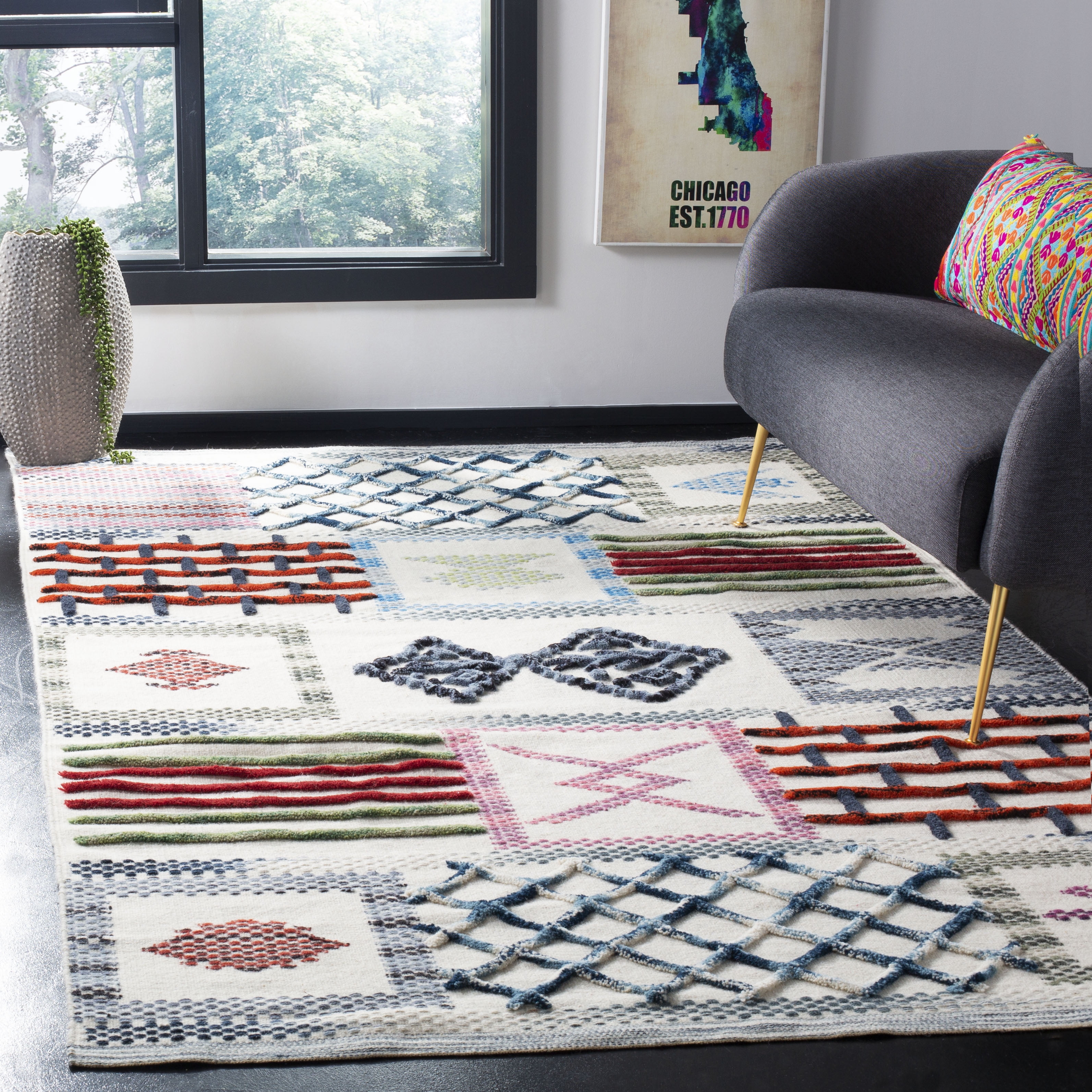 Ivory Multi-Pattern Hand-Knotted Wool Area Rug 6' x 9'