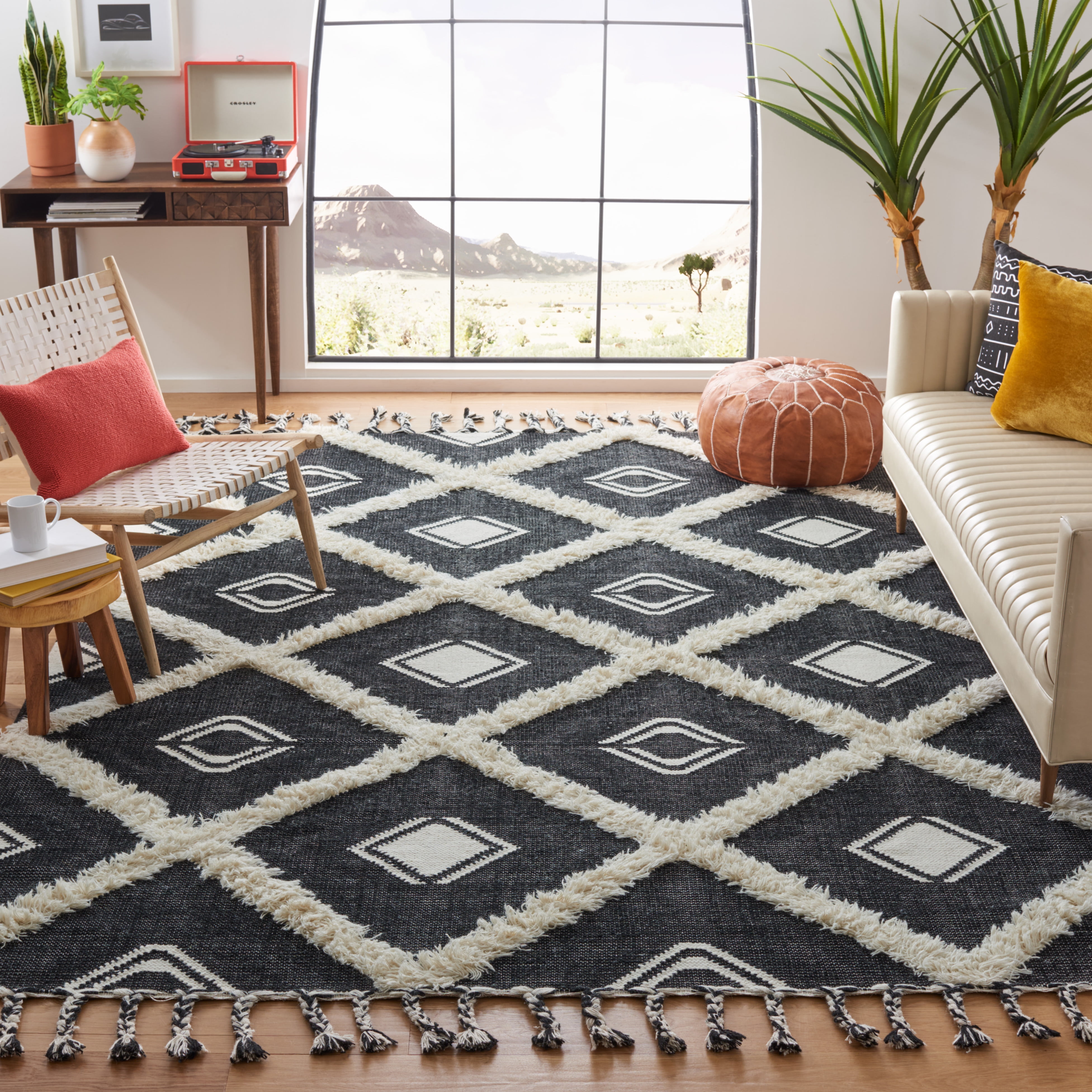 Hand-Knotted Black Wool and Cotton 9' x 12' Rectangular Rug