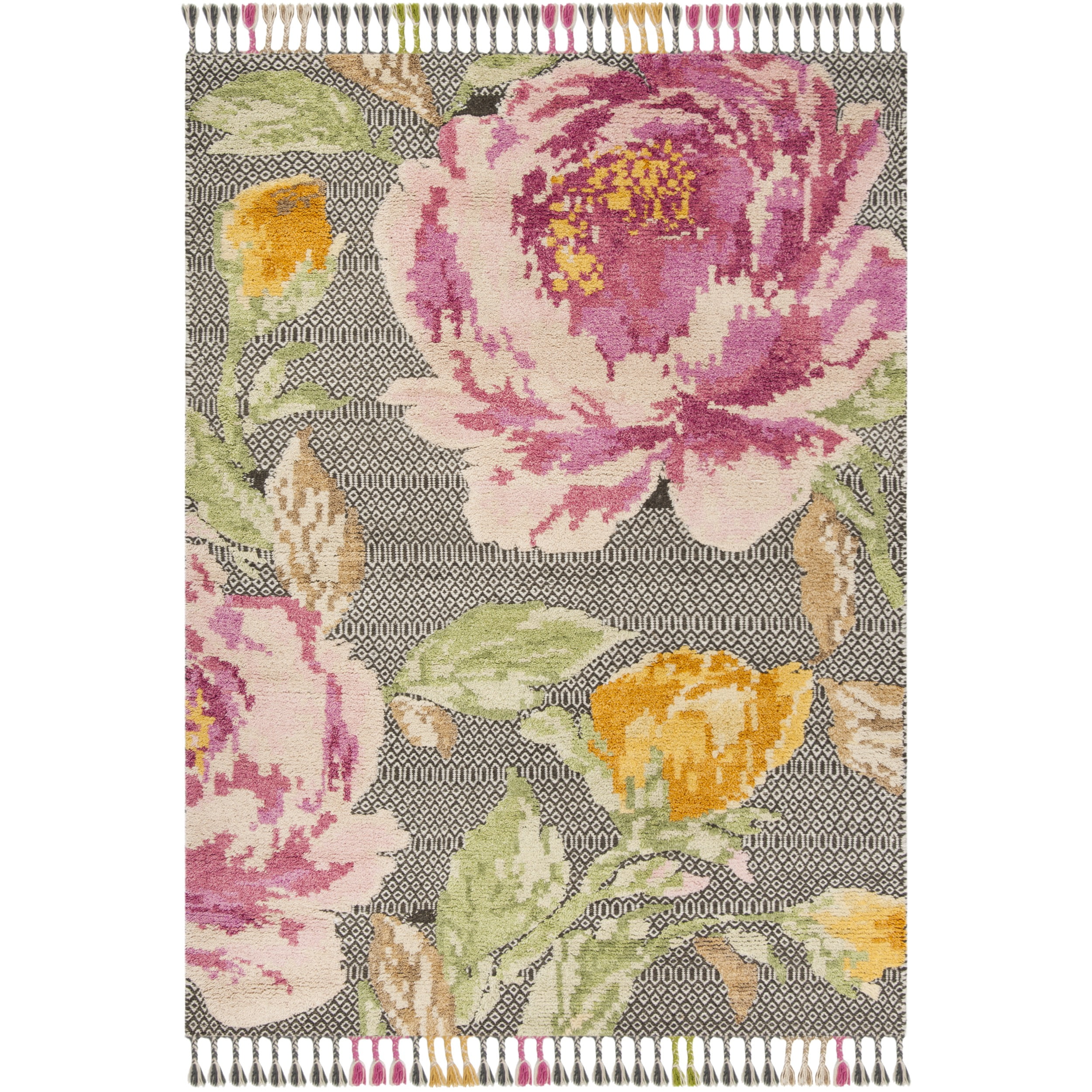 Gray and Pink Floral Hand-Knotted Wool Area Rug 8' x 10'