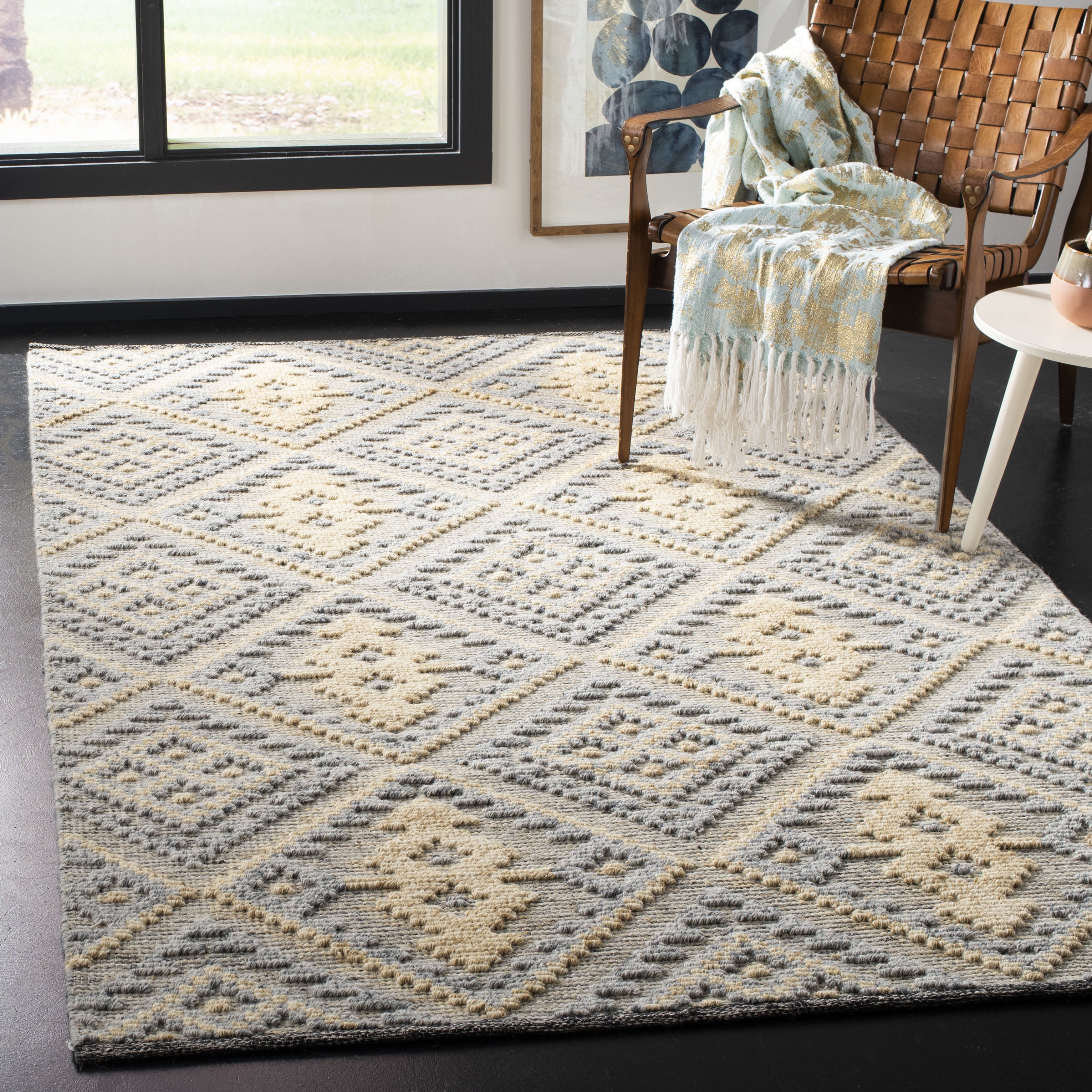 Hand-Knotted Gray Geometric 8' x 10' Shag Wool Blend Rug