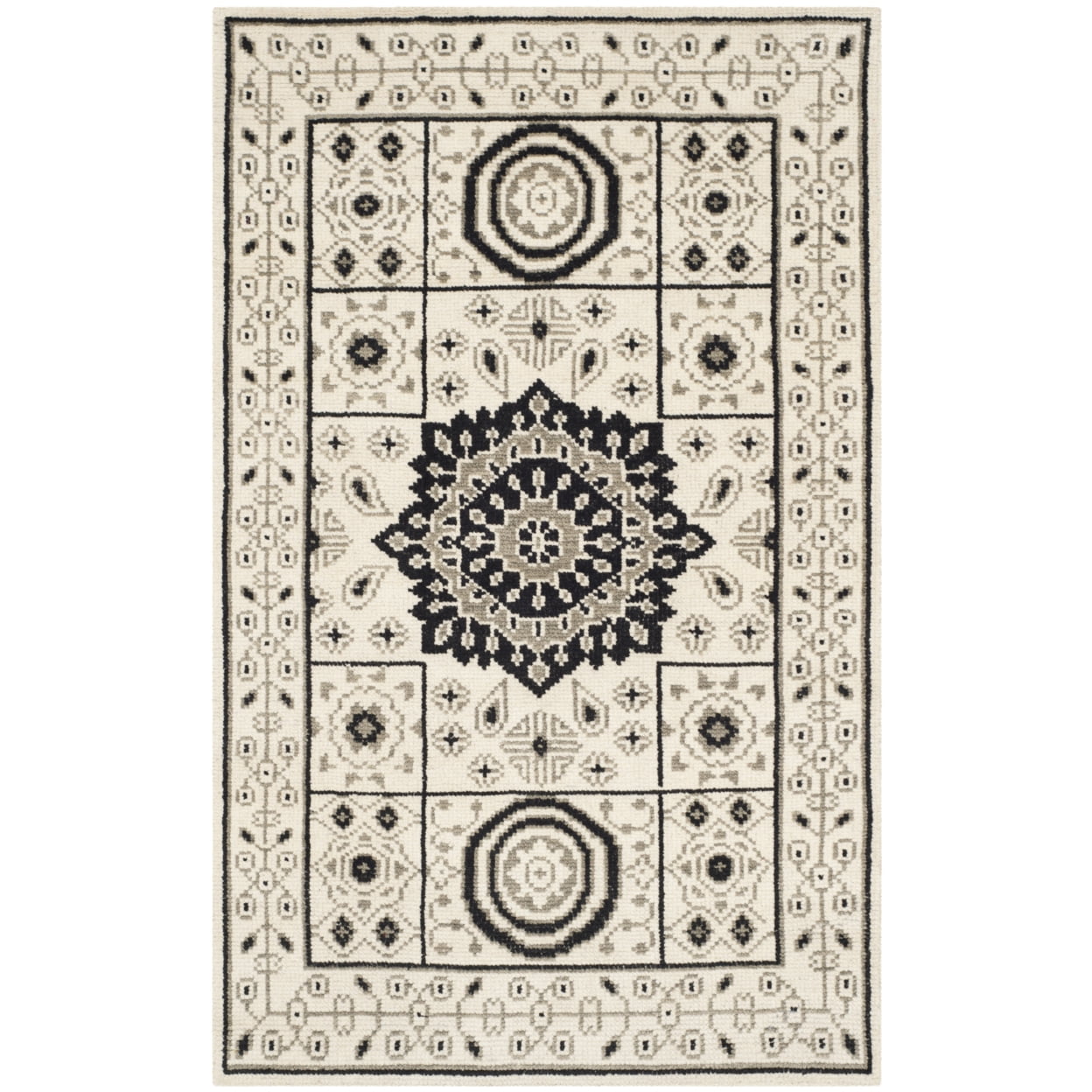 Ivory and Gray Hand-Knotted Wool 4' x 6' Area Rug