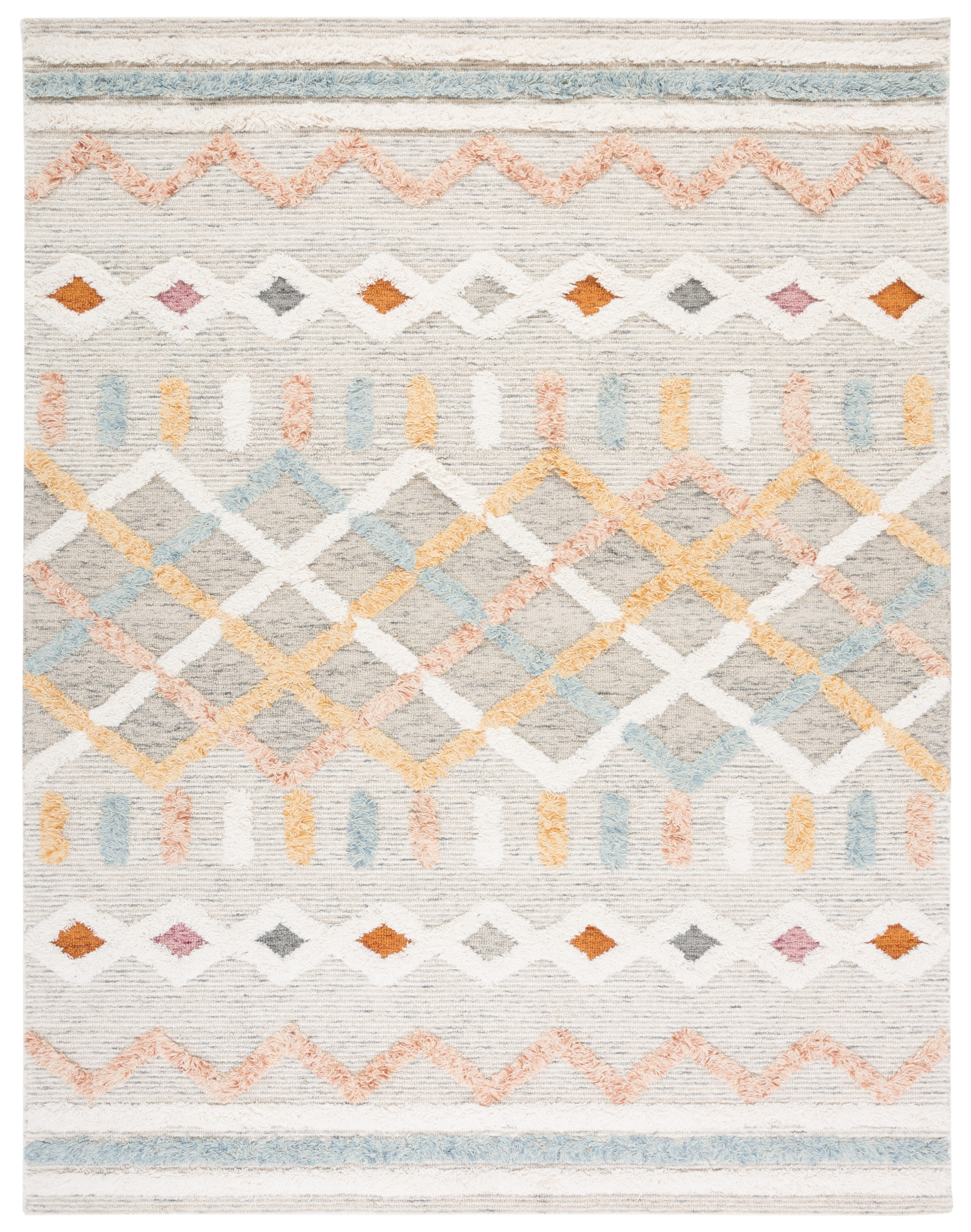 Ivory and Blue Hand-Knotted Wool Tribal Rug, 10' x 14'