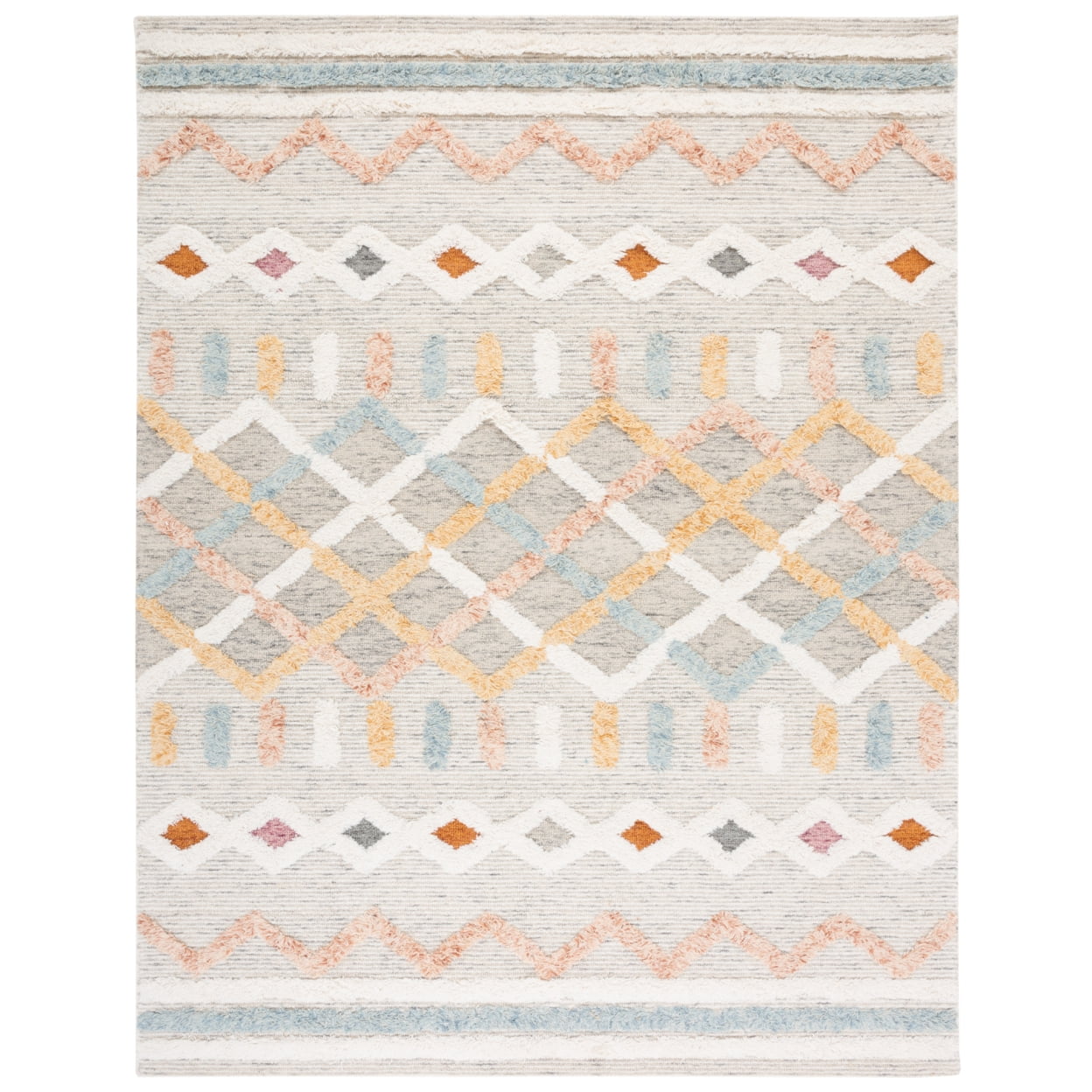 Ivory and Blue Hand-Knotted Wool Tribal Rug, 10' x 14'