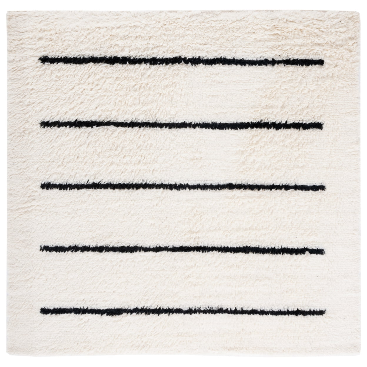 Hand-Knotted Black and Ivory Stripe Wool Square Rug - 7'