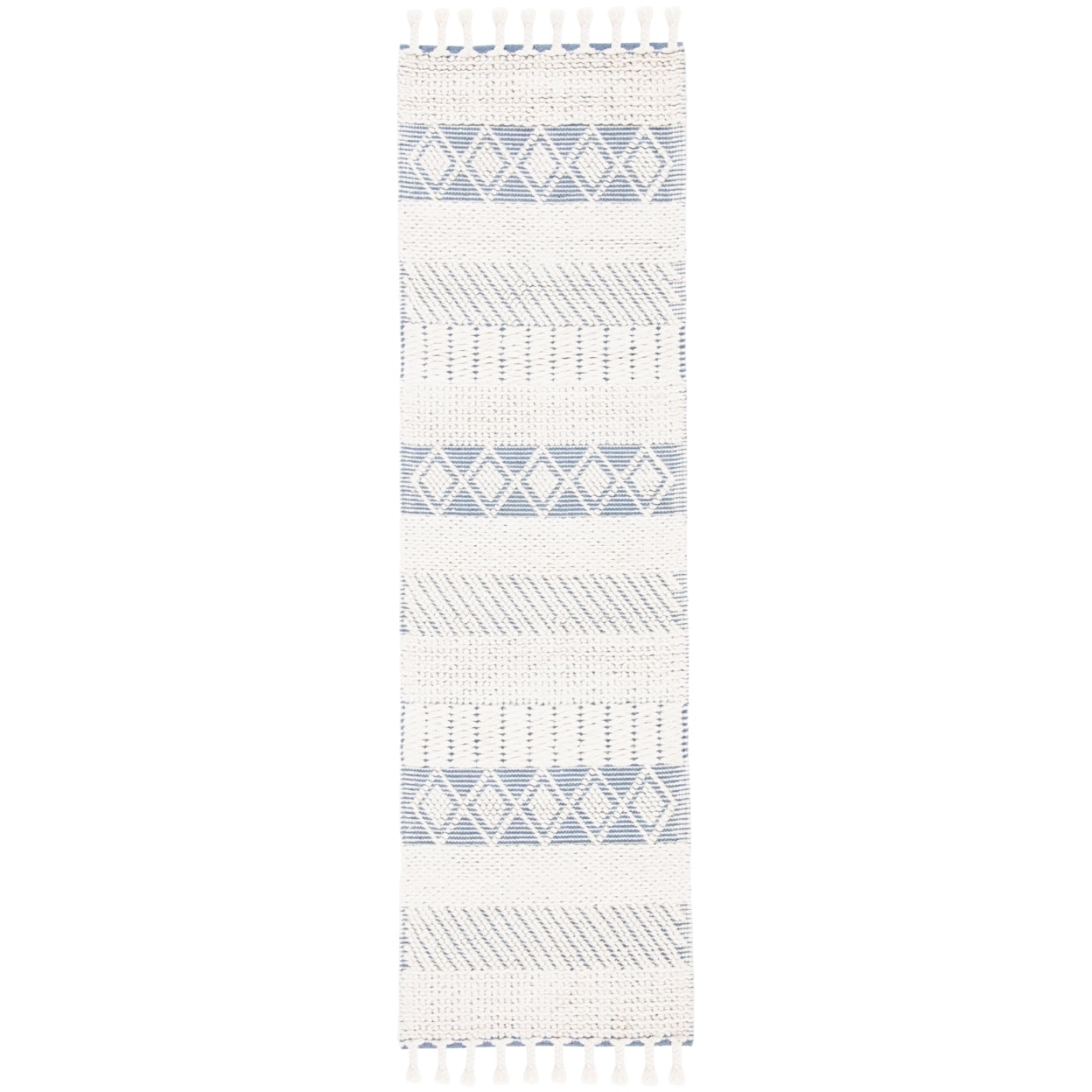 Ivory and Blue Hand-Knotted Wool Area Rug - 27" x 8"