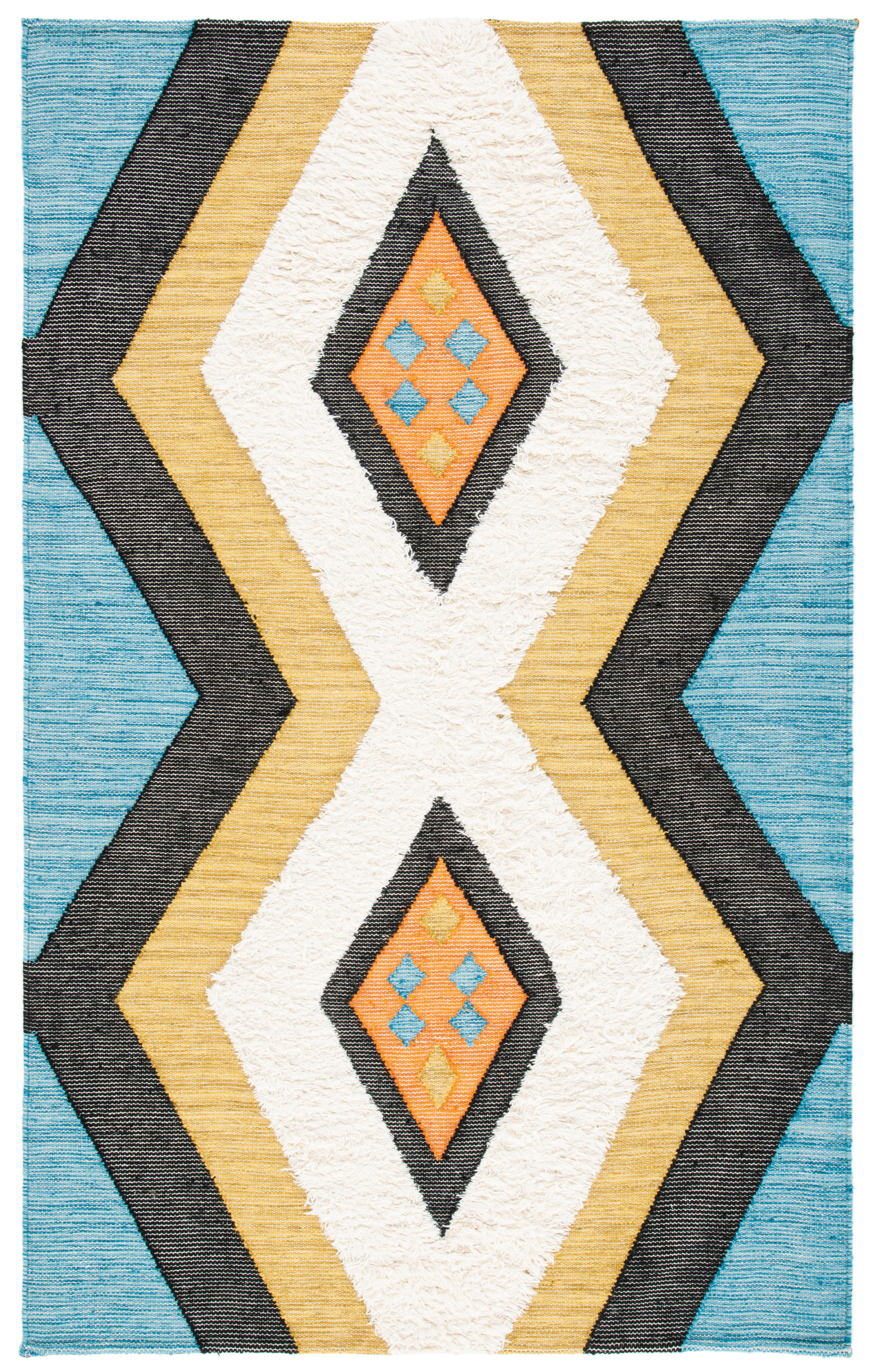 Hand-Knotted Black and Ivory Wool Rectangular Area Rug, 6' x 9'